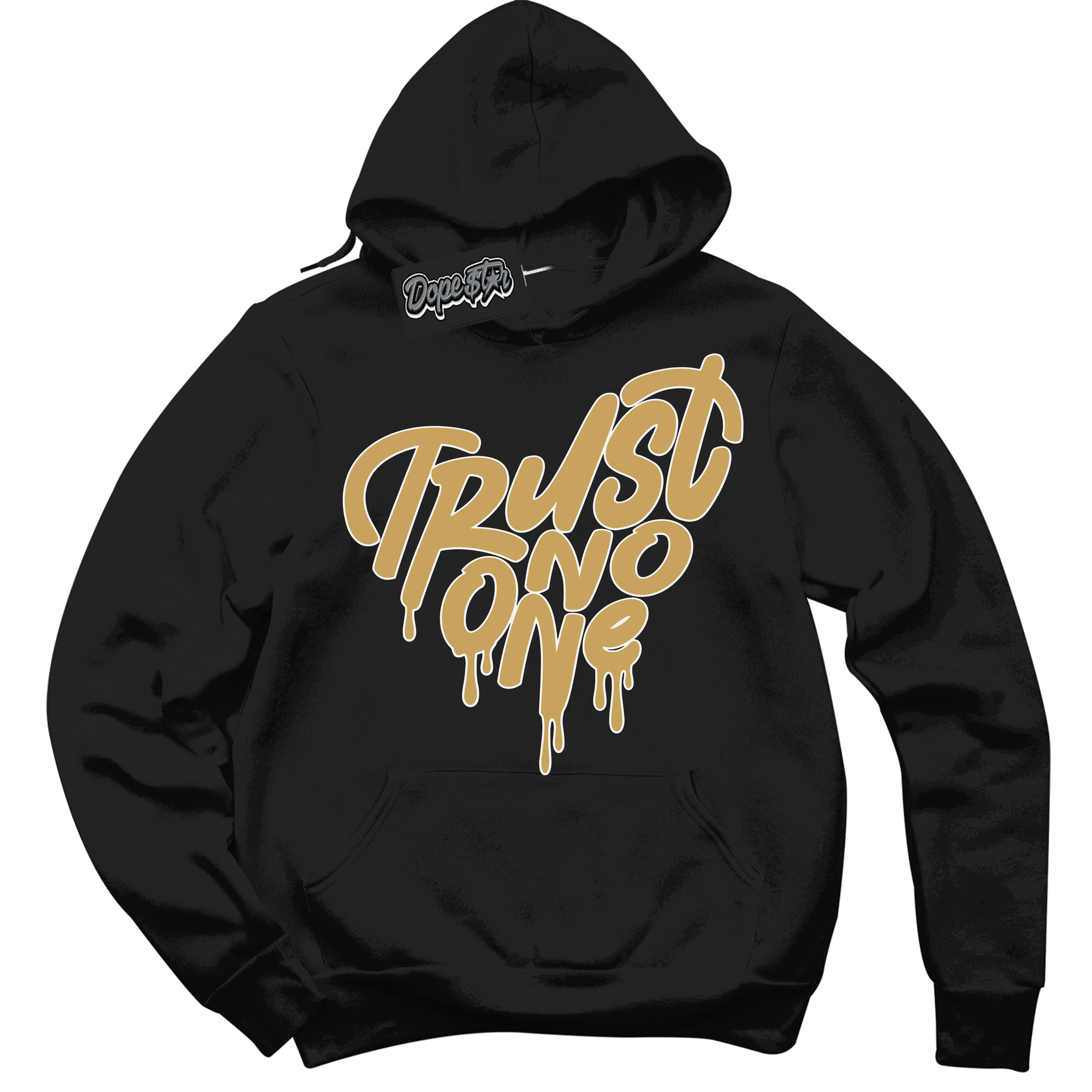 Cool Black Hoodie with “ Trust No One Heart ”  design that Perfectly Matches Method of Make Sail Metallic Gold 1s Jordans.