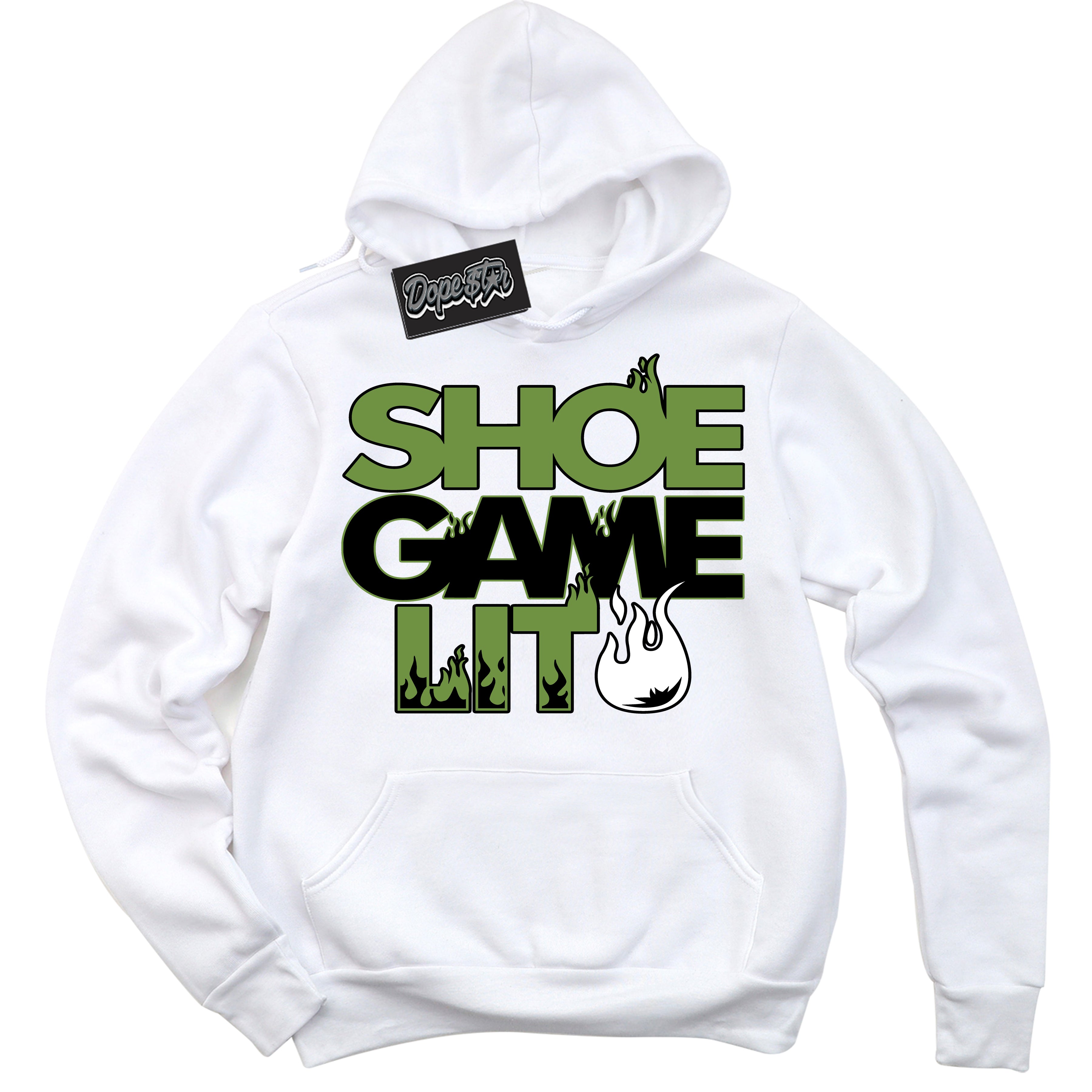 Cool White Hoodie with “ Shoe Game Lit '' design that Perfectly Matches  Altitude Green 1s Sneakers.