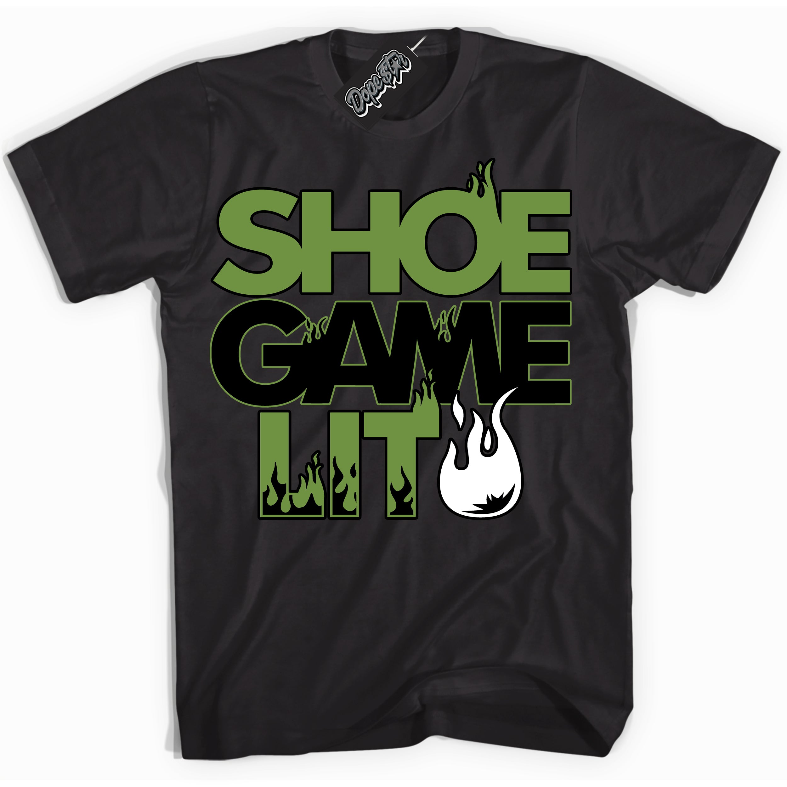 Cool Black Shirt with “ Shoe Game Lit ” design that perfectly matches Altitude Green 1s Sneakers.