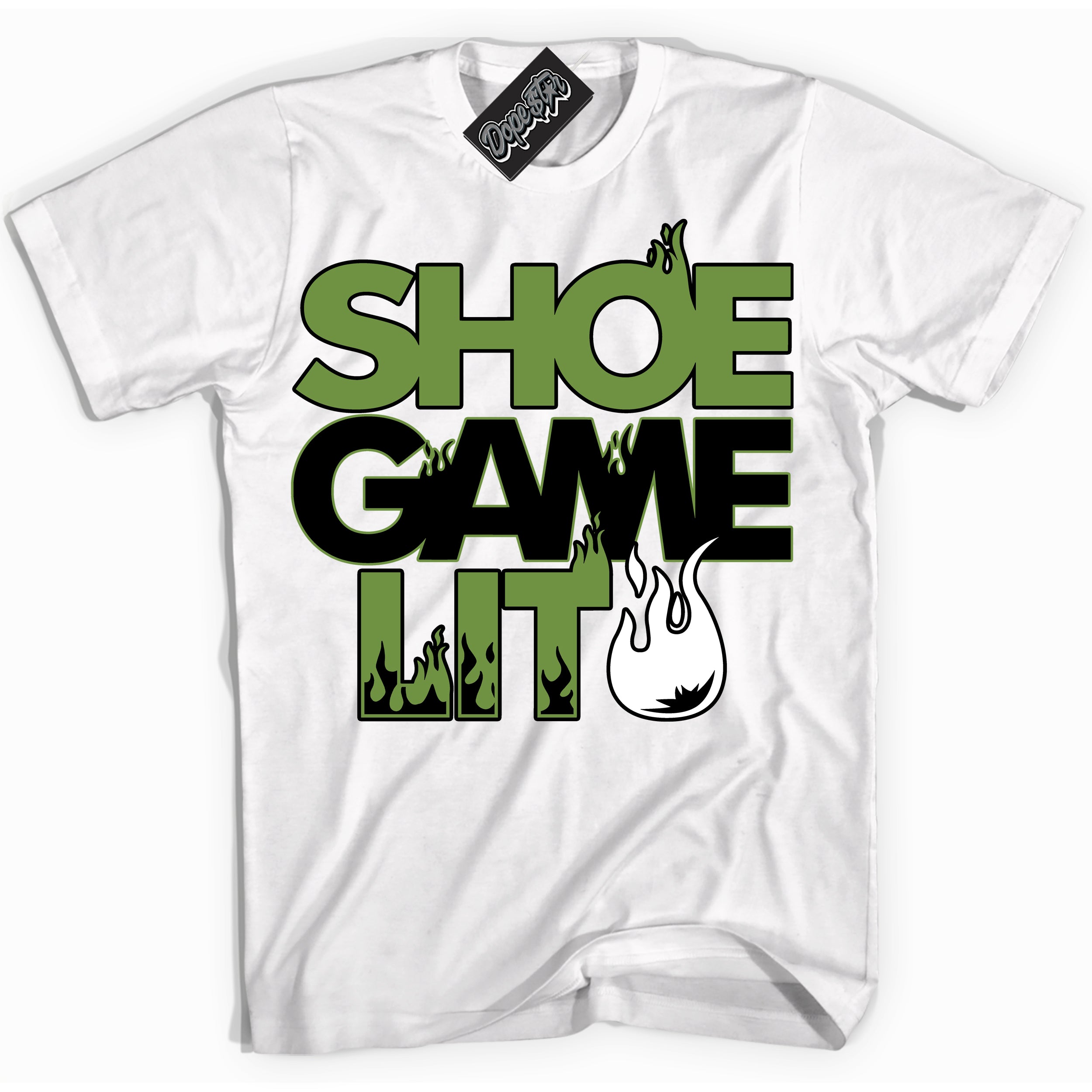 Cool White Shirt with “ Shoe Game Lit ” design that perfectly matches Altitude Green 1s Sneakers.