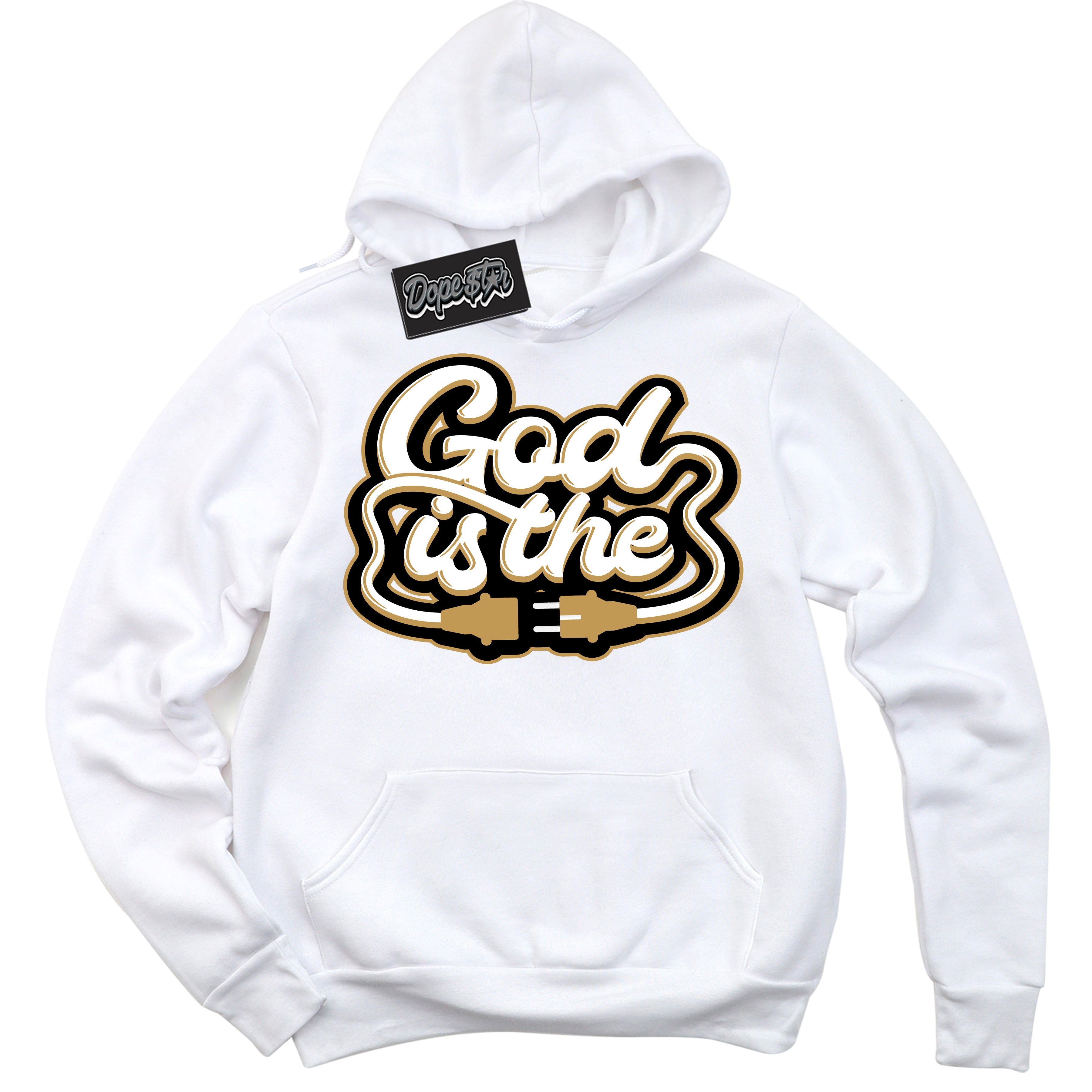 Cool White Hoodie with “ God Is The ”  design that Perfectly Matches Black Metallic Gold 1s Jordans.
