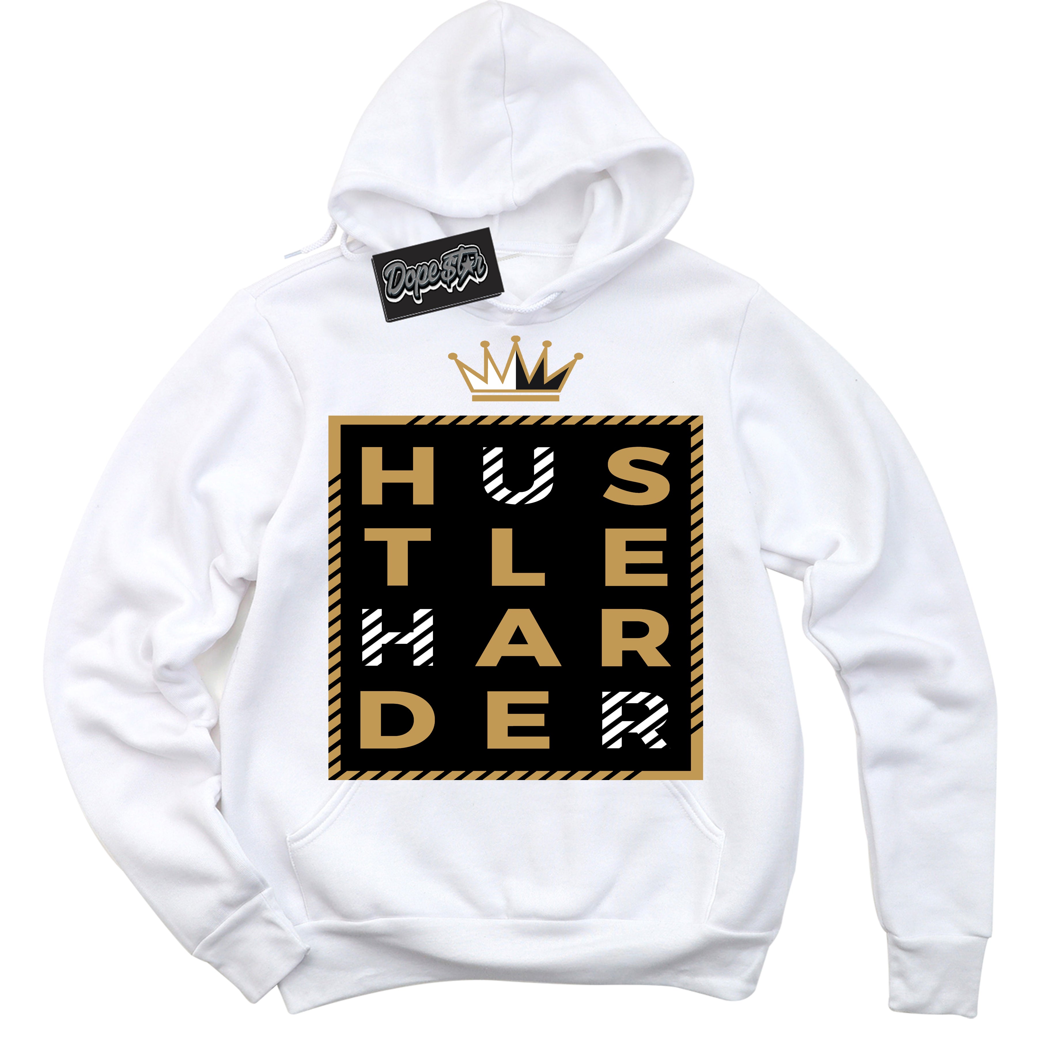 Cool White Hoodie with “ Hustle Harder ”  design that Perfectly Matches Black Metallic Gold 1s Jordans.
