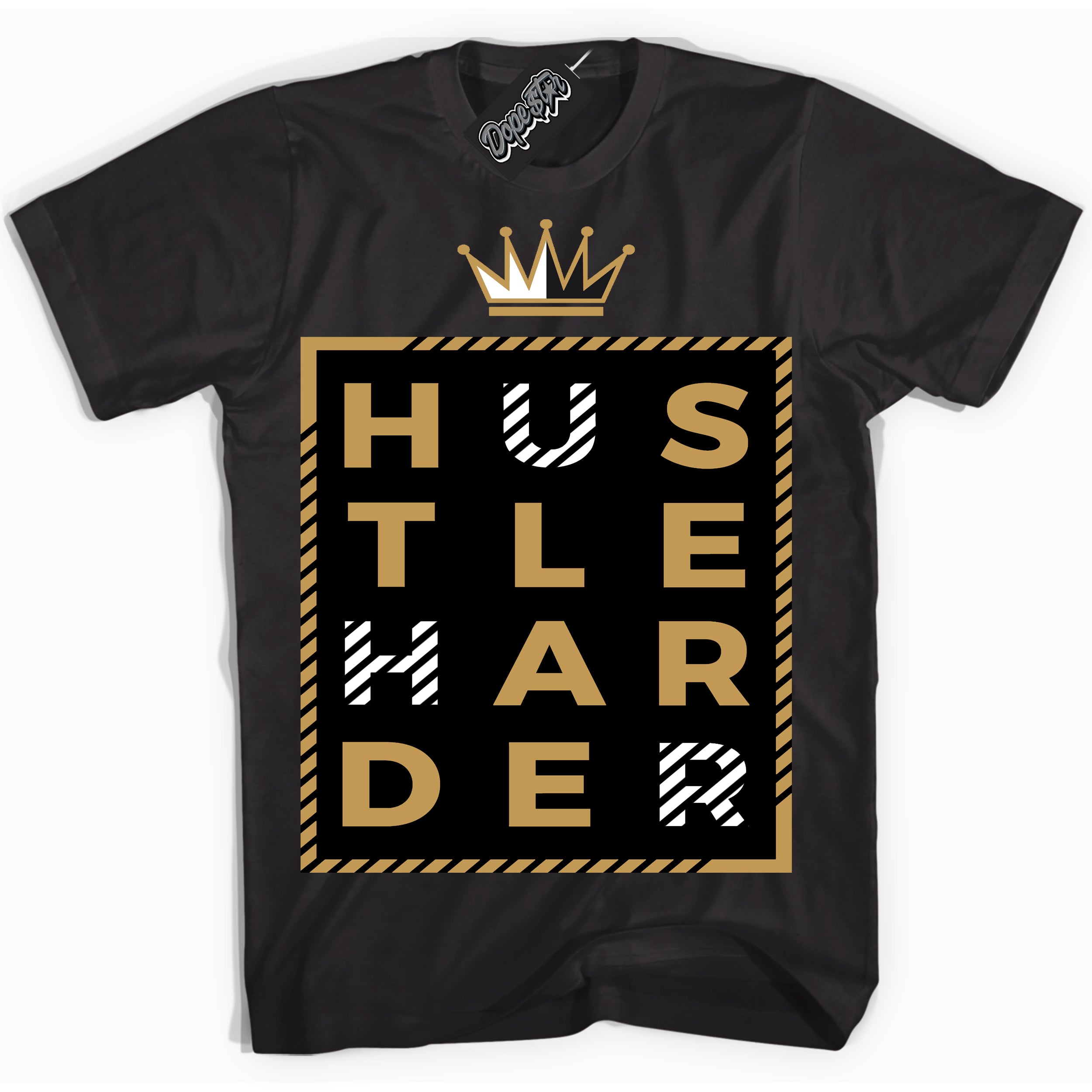 Cool Black Shirt with “ Hustle Harder ” design that perfectly matches Black Metallic Gold 1s Jordans.
