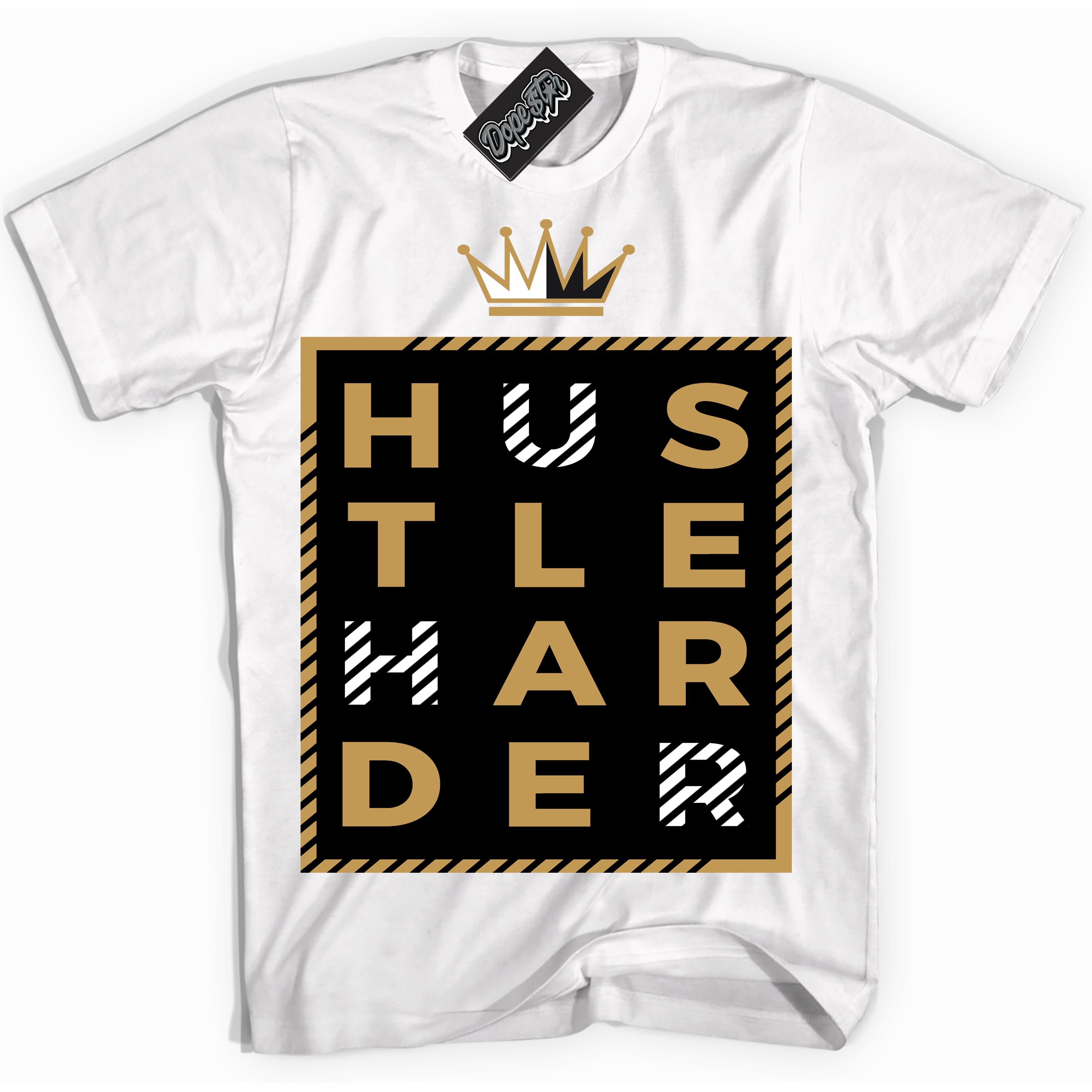 Cool White Shirt with “ Hustle Harder ” design that perfectly matches Black Metallic Gold 1s Jordans.
