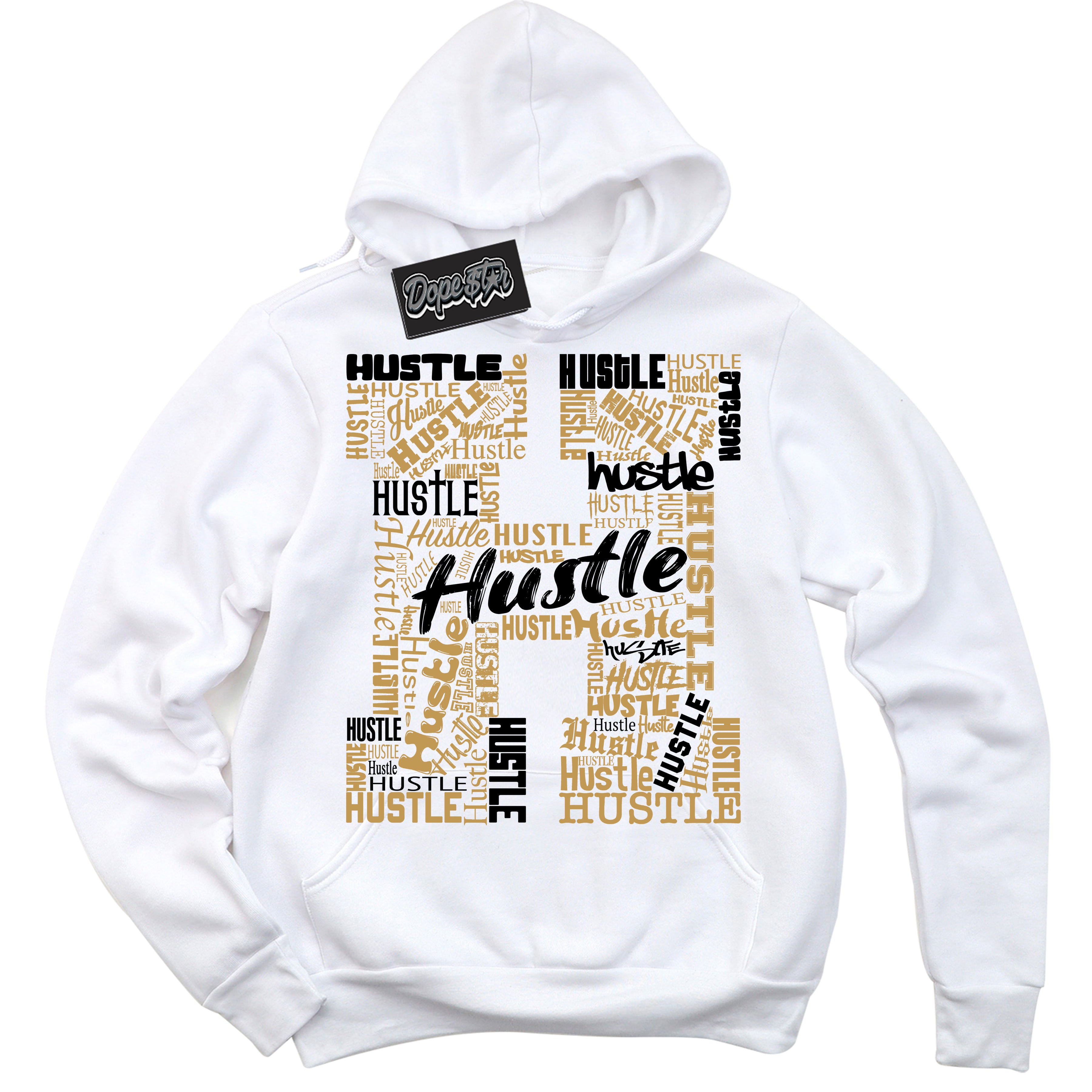 Cool White Hoodie with “ Hustle H ”  design that Perfectly Matches Black Metallic Gold 1s Jordans.
