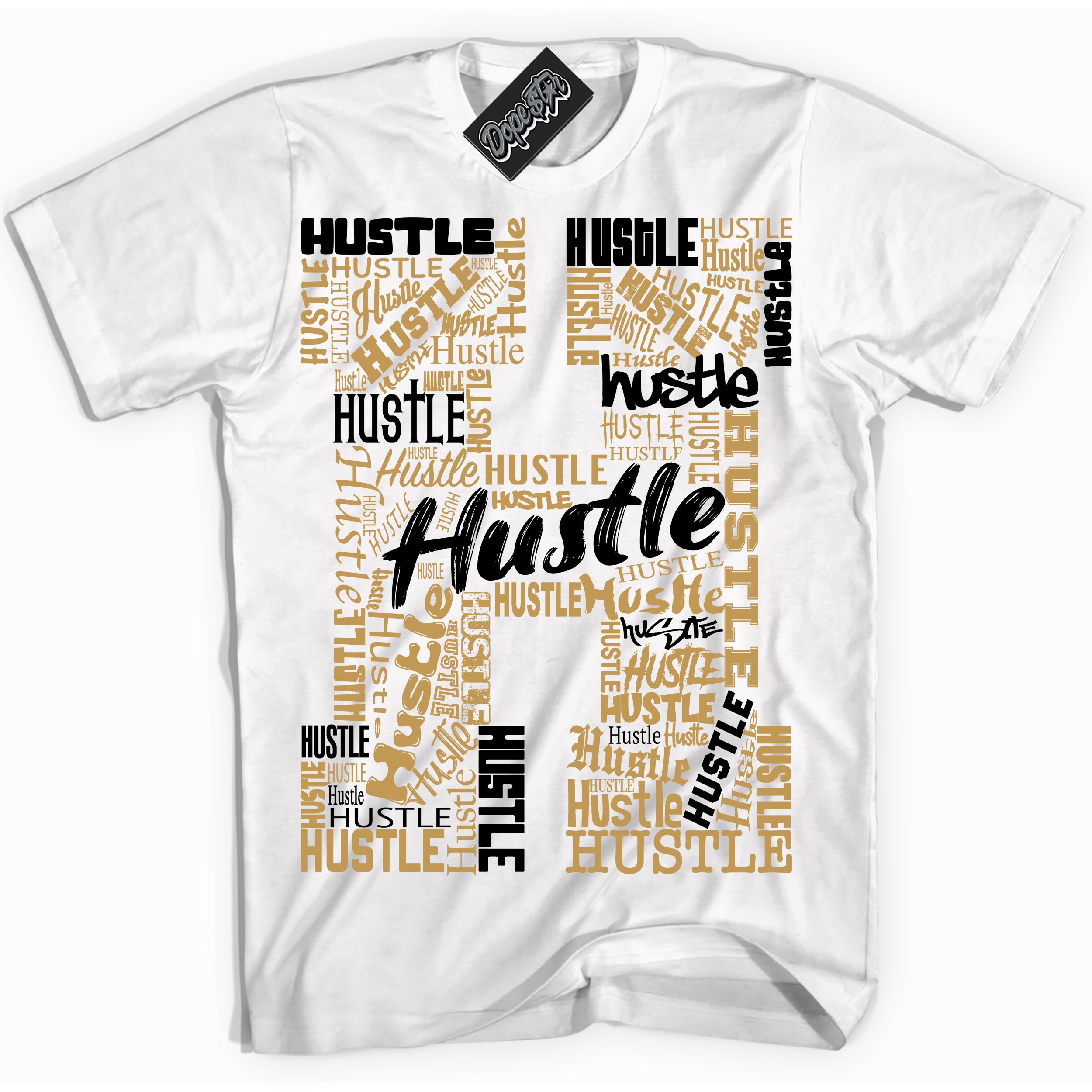 Cool White Shirt with “ Hustle H ” design that perfectly matches Black Metallic Gold 1s Jordans.
