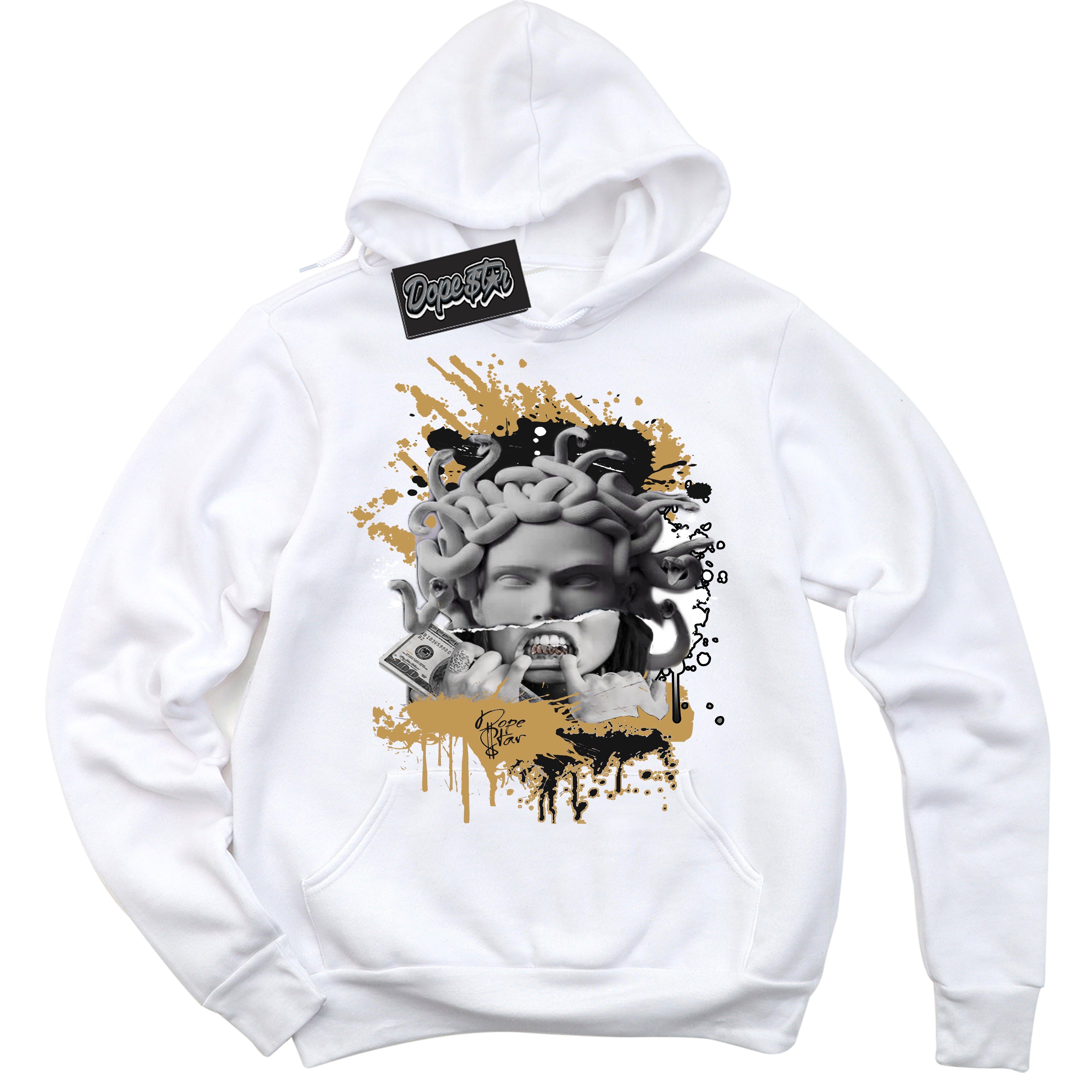 Cool White Hoodie with “ Medusa ”  design that Perfectly Matches Mid Black Metallic Gold 1s Jordans.
