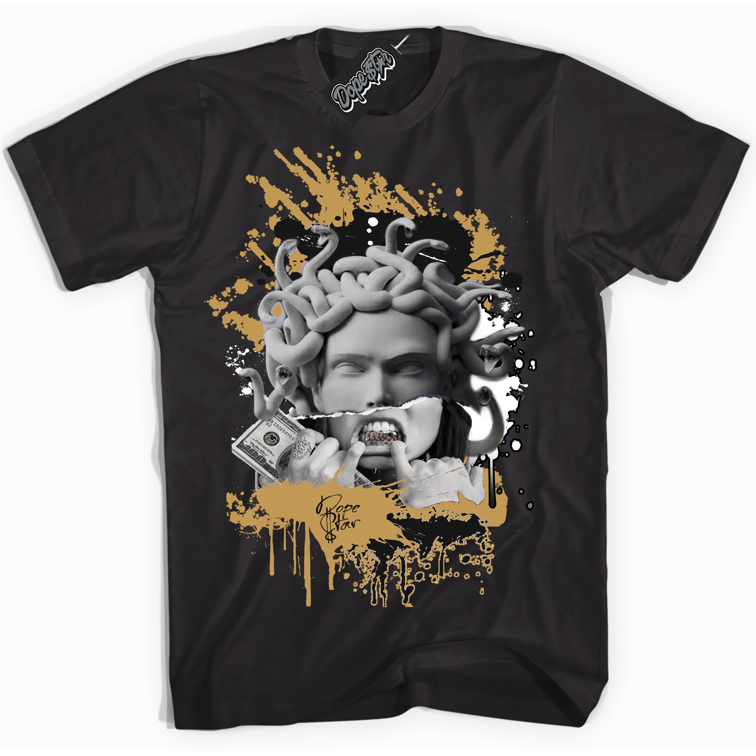 Cool Black Shirt with “ Medusa ” design that perfectly matches Mid Black Metallic Gold 1s Jordans.
