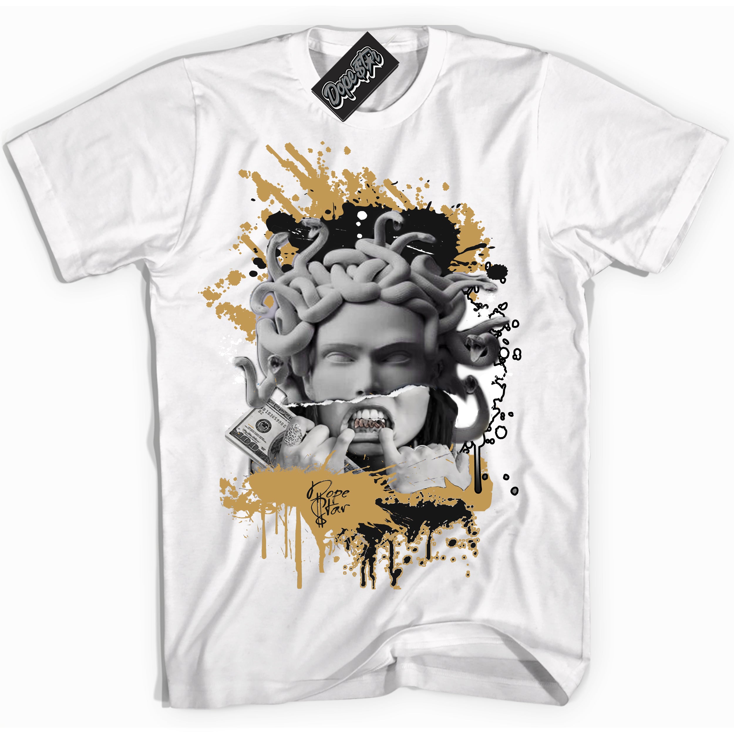 Cool White Shirt with “ Medusa ” design that perfectly matches Mid Black Metallic Gold 1s Jordans.
