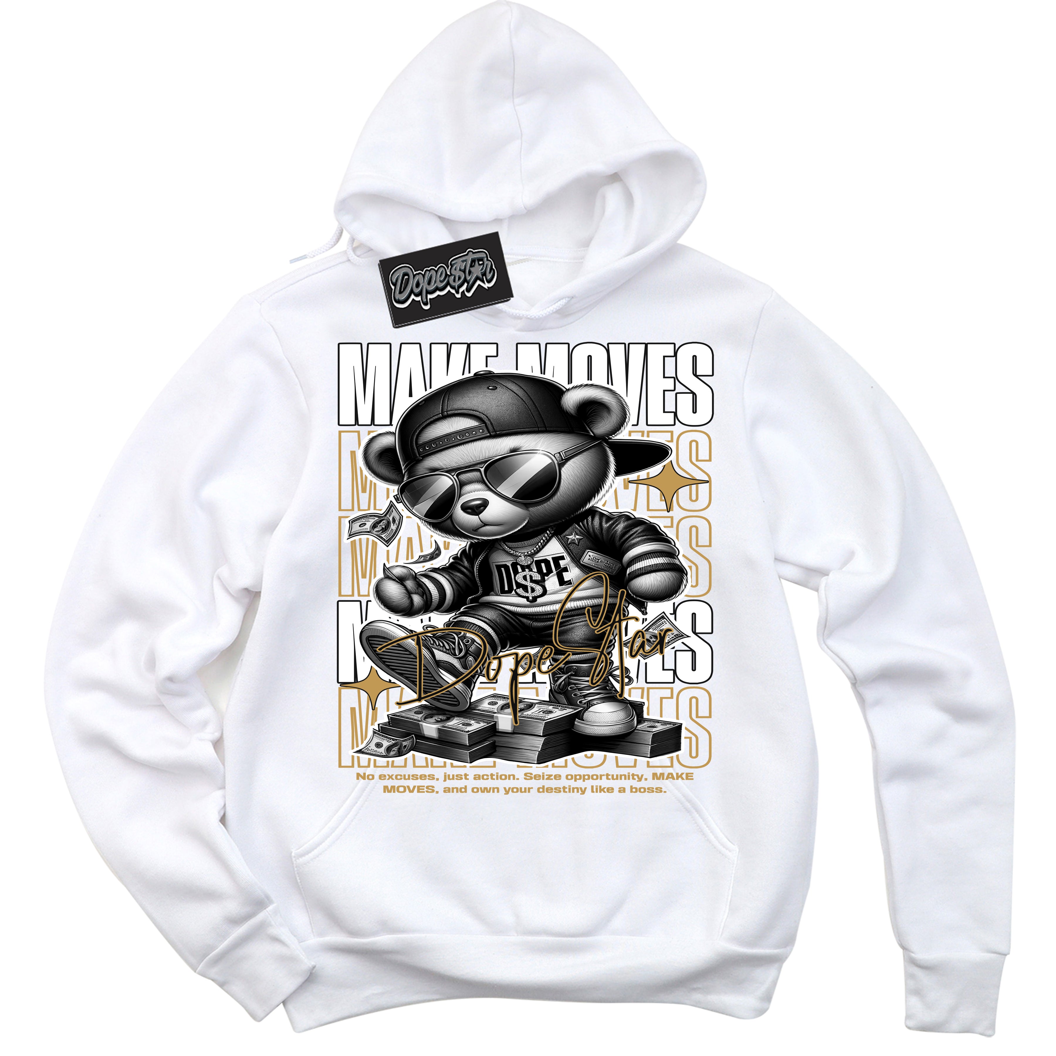 Cool White Hoodie with “ Make Moves ”  design that Perfectly Matches Mid Black Metallic Gold 1s Jordans.
