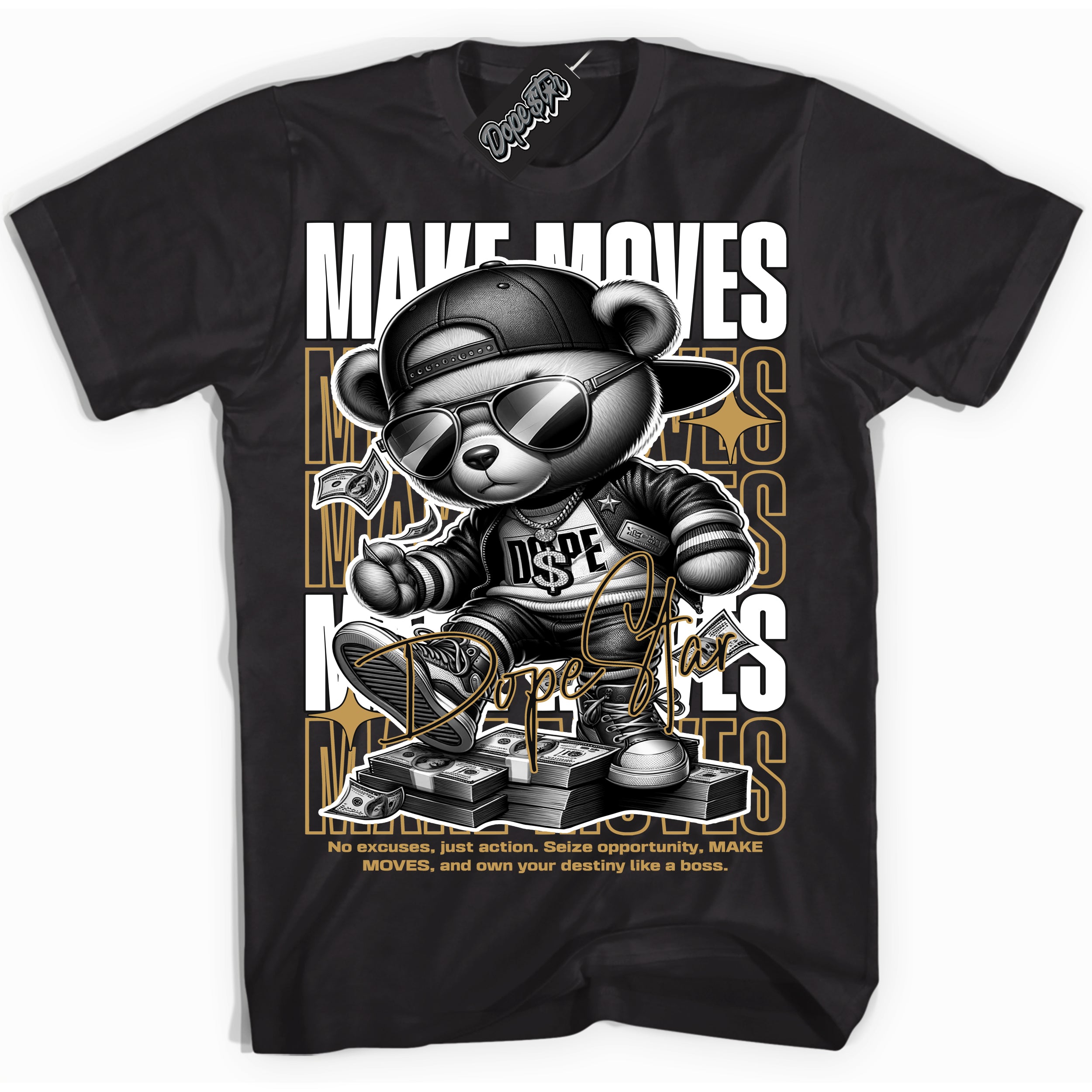 Cool Black Shirt with “ Make Moves ” design that perfectly matches Mid Black Metallic Gold 1s Jordans.
