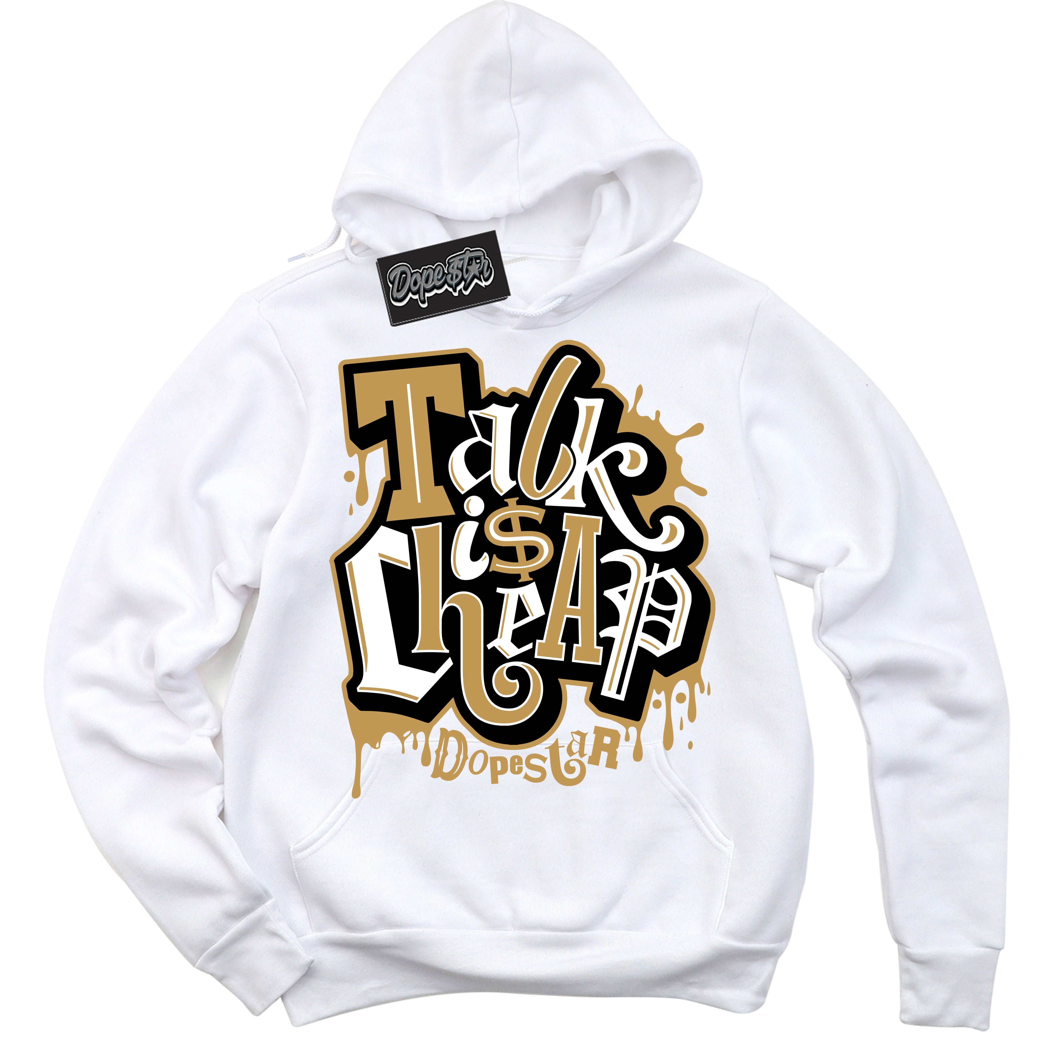 Cool White Hoodie with “ Talk Is Cheap ”  design that Perfectly Matches Black Metallic Gold 1s Jordans.