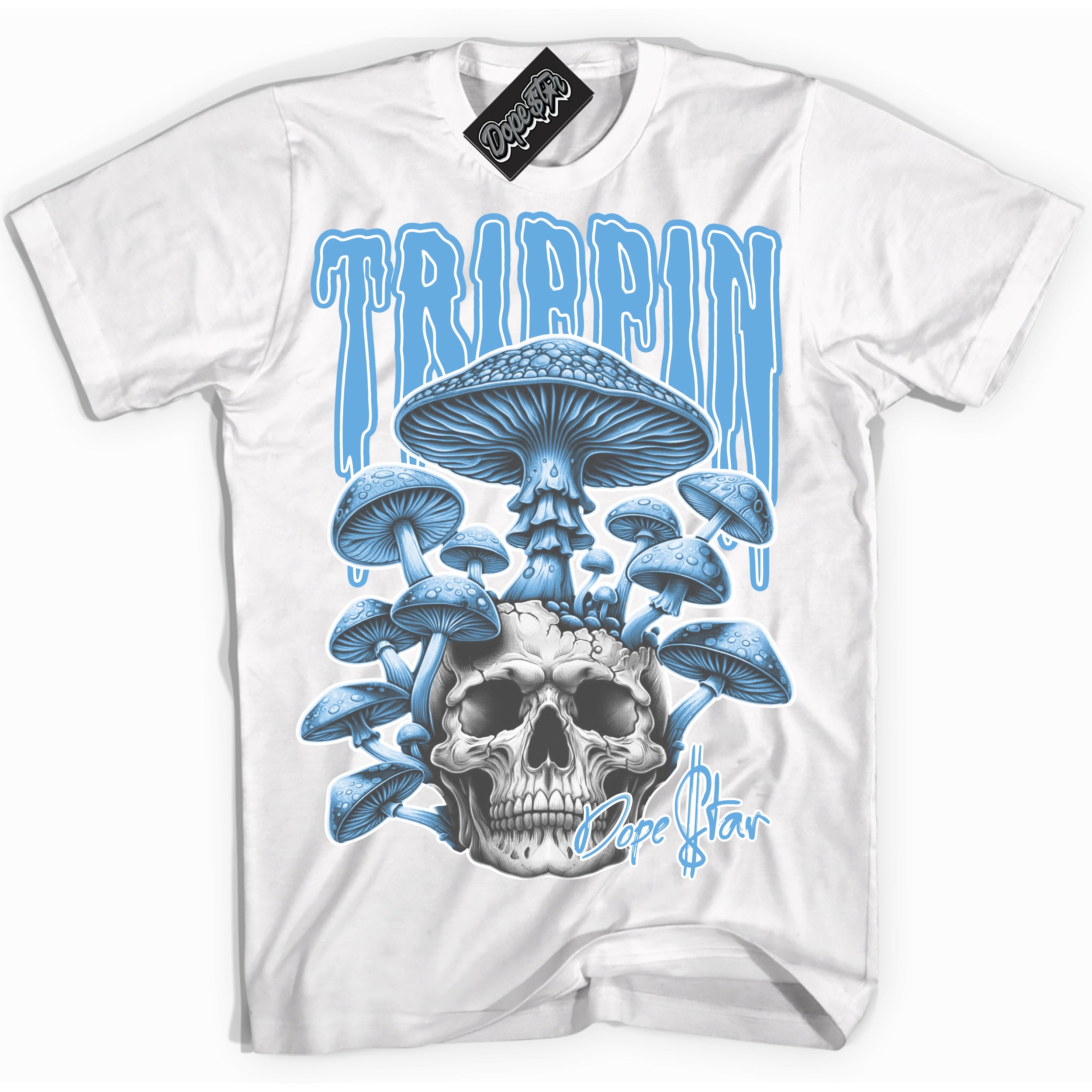 AJ1 Mid Legend Blue ‘Trippin’ – White Streetwear T-Shirt | Sneaker Matching shirt for AJ1 Mid Legend Blue | Men's and Women's Streetwear Graphic Tee by Sneaker Shirts Outlet.
