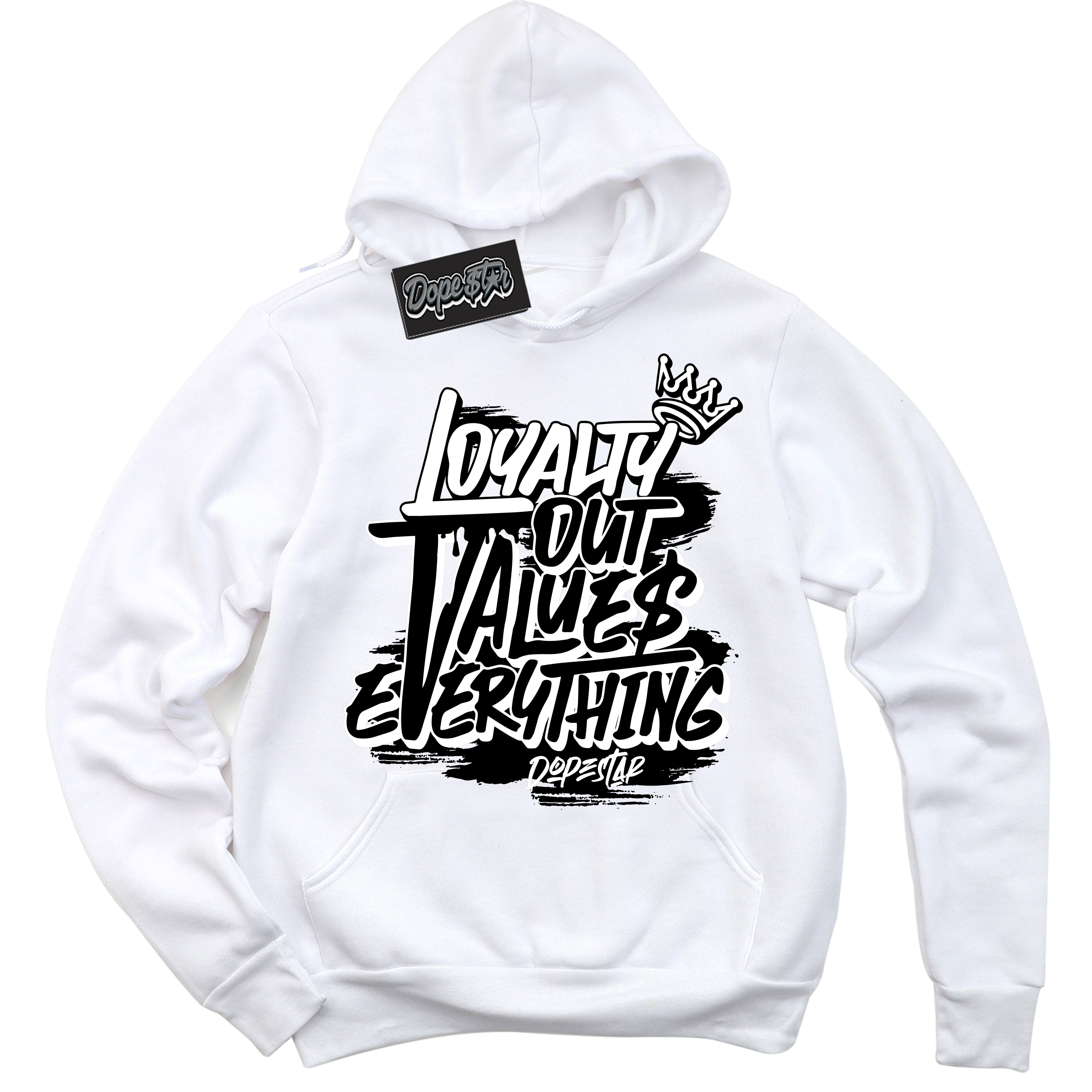 AJ1 Mid Off Noir Toe ‘Loyalty Out Values Everything’ – White Streetwear Hoodie | Sneaker Matching sweatshirt for AJ1 Mid Off Noir Toe | Men's and Women's Streetwear Graphic Hoodie by Sneaker Shirts Outlet.
