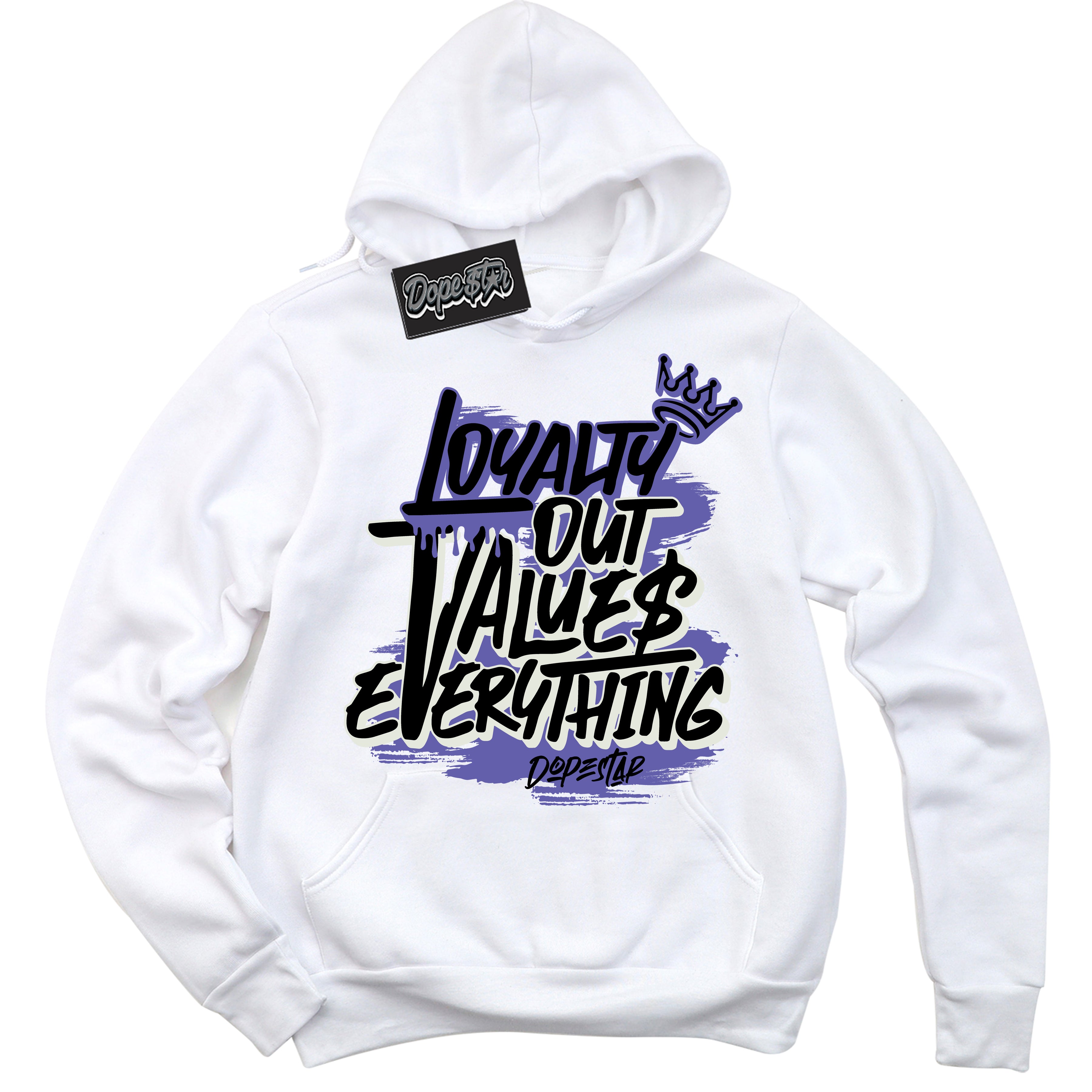 Cool White Hoodie with “ Loyalty Out Values Everything ”  design that Perfectly Matches Purple Black 1s Sneakers.