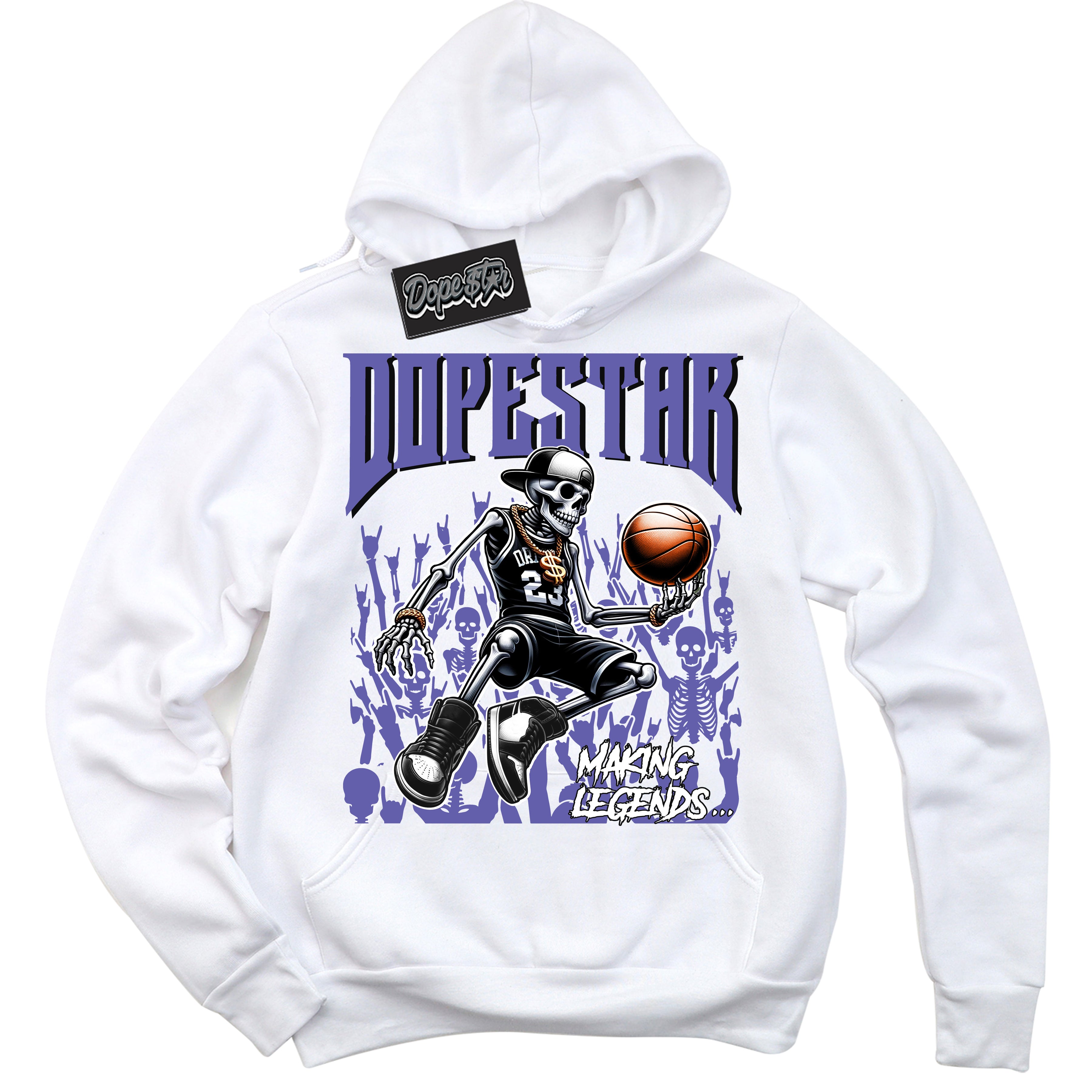 Cool White Hoodie with “ Making Legends ”  design that Perfectly Matches Purple Black 1s Sneakers.