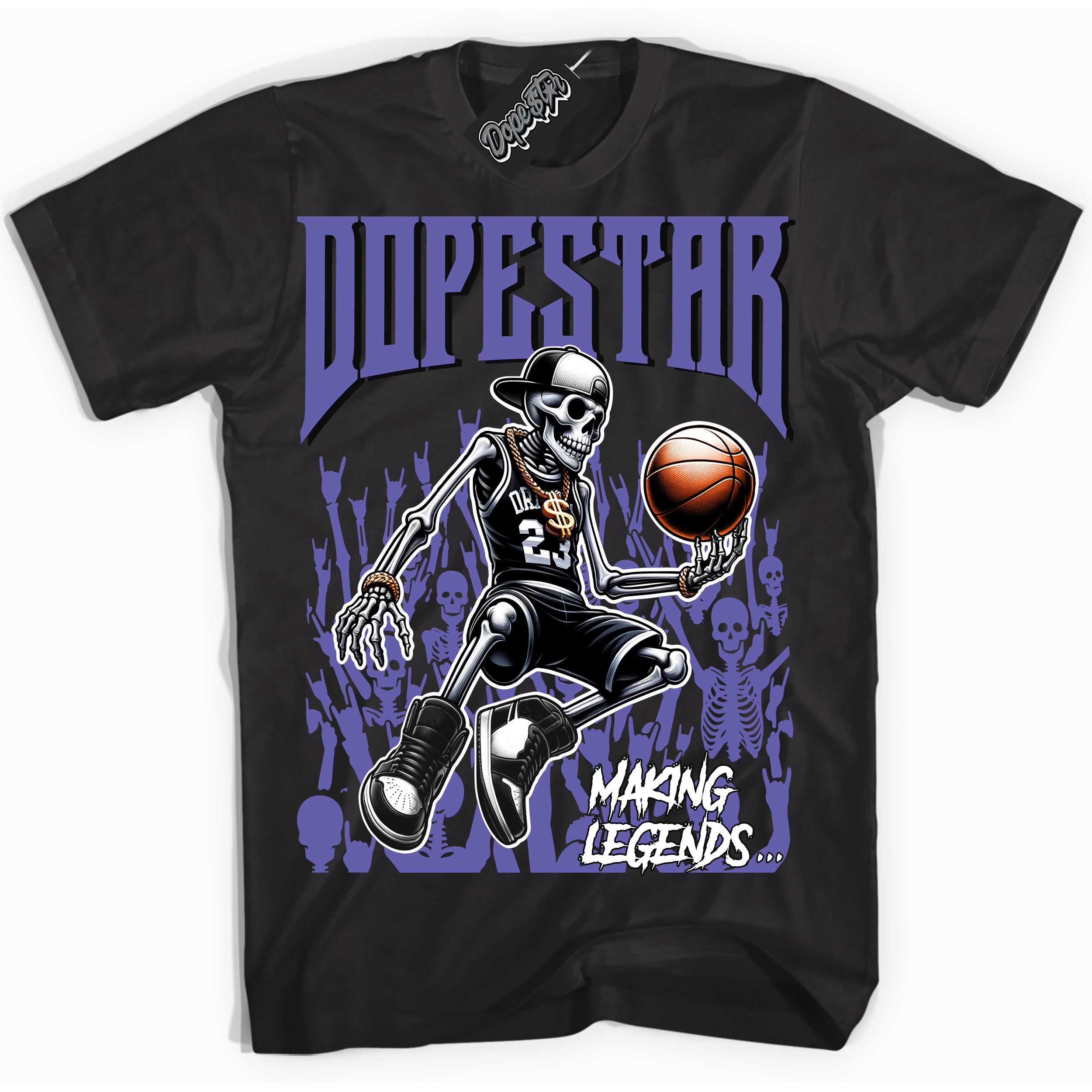 Cool Black Shirt with “ Making Legends ” design that perfectly matches Purple Black 1s Sneakers.