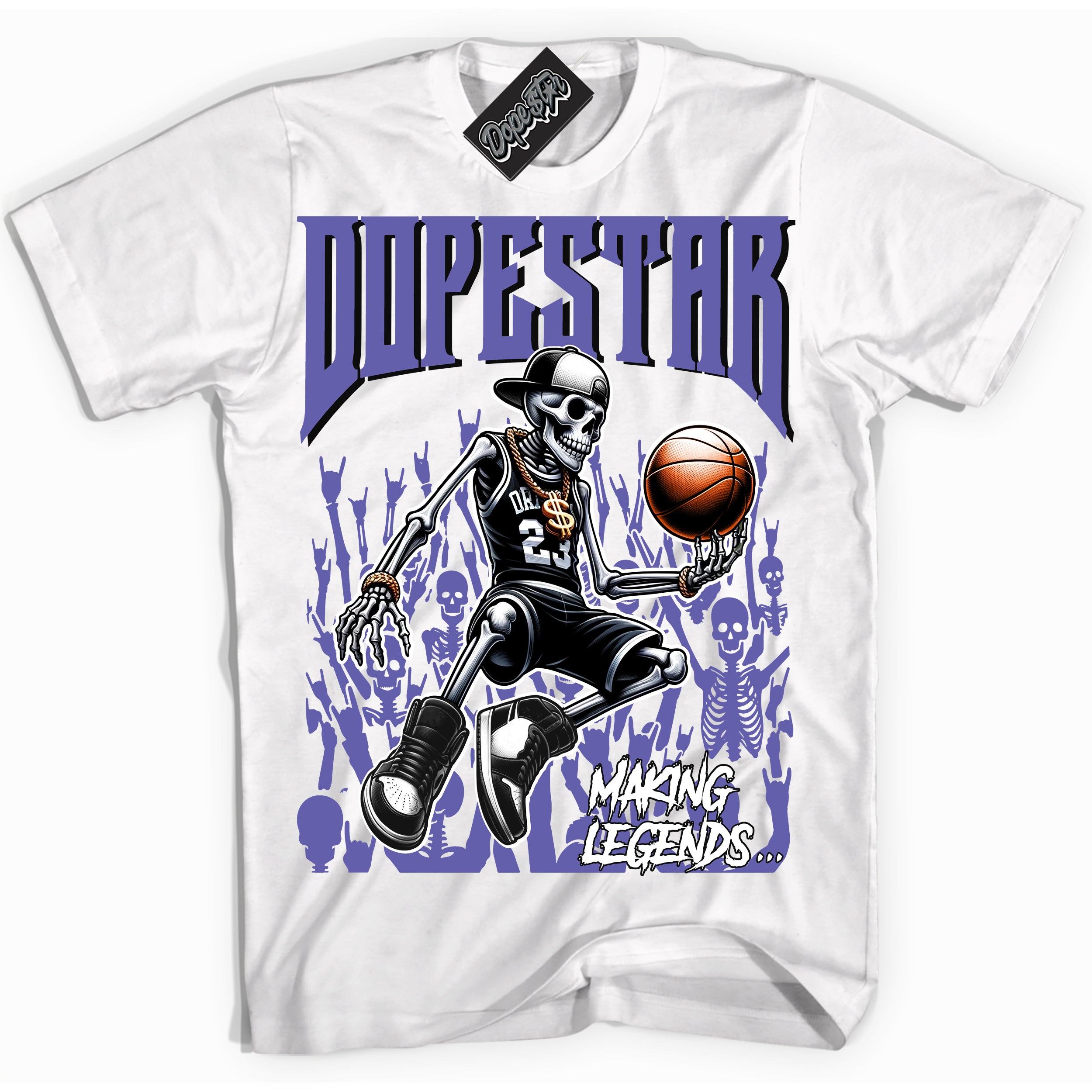 Cool White Shirt with “ Making Legends ” design that perfectly matches Purple Black 1s Sneakers.