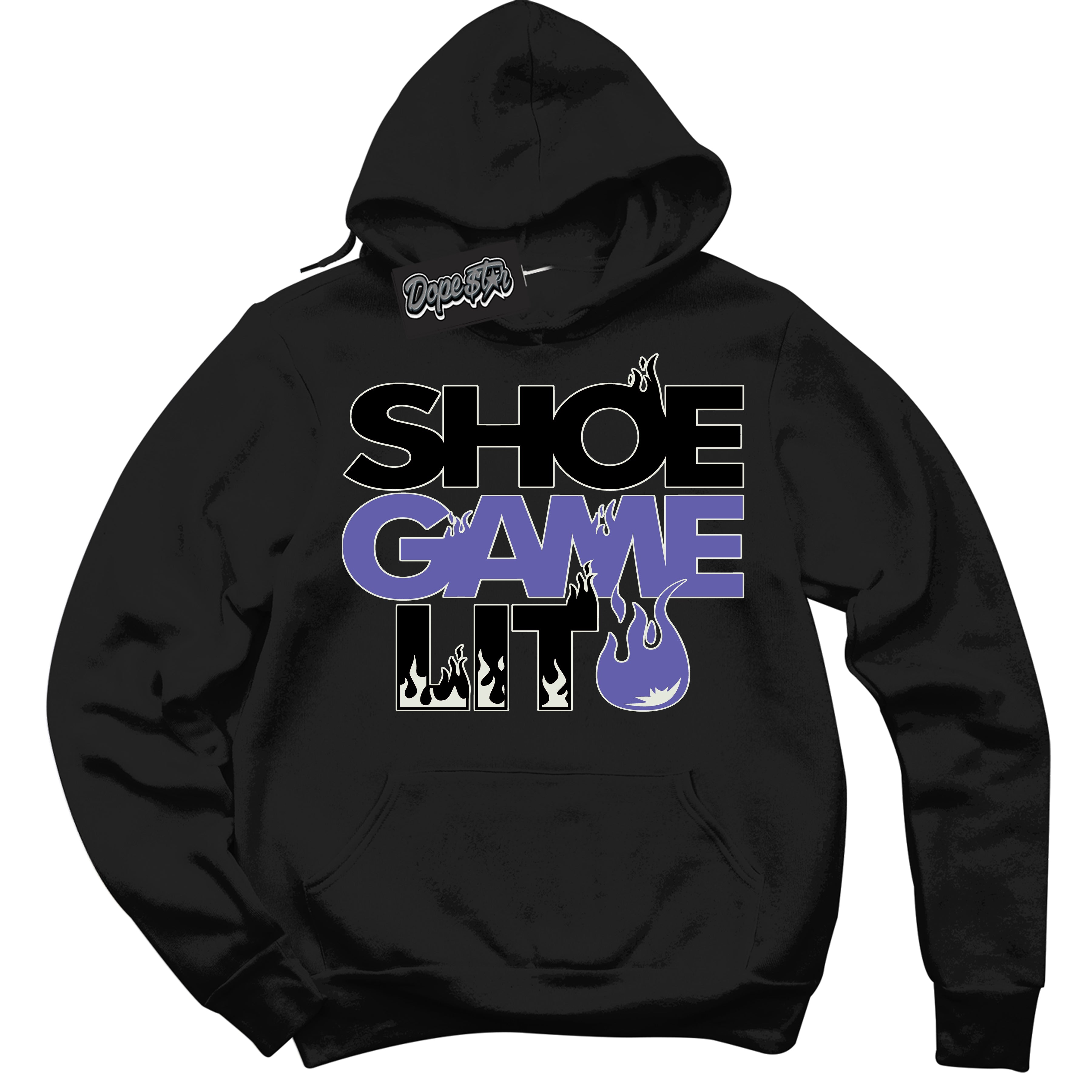 Cool Black Hoodie with “ Shoe Game Lit '' design that Perfectly Matches  Purple Black 1s Sneakers.