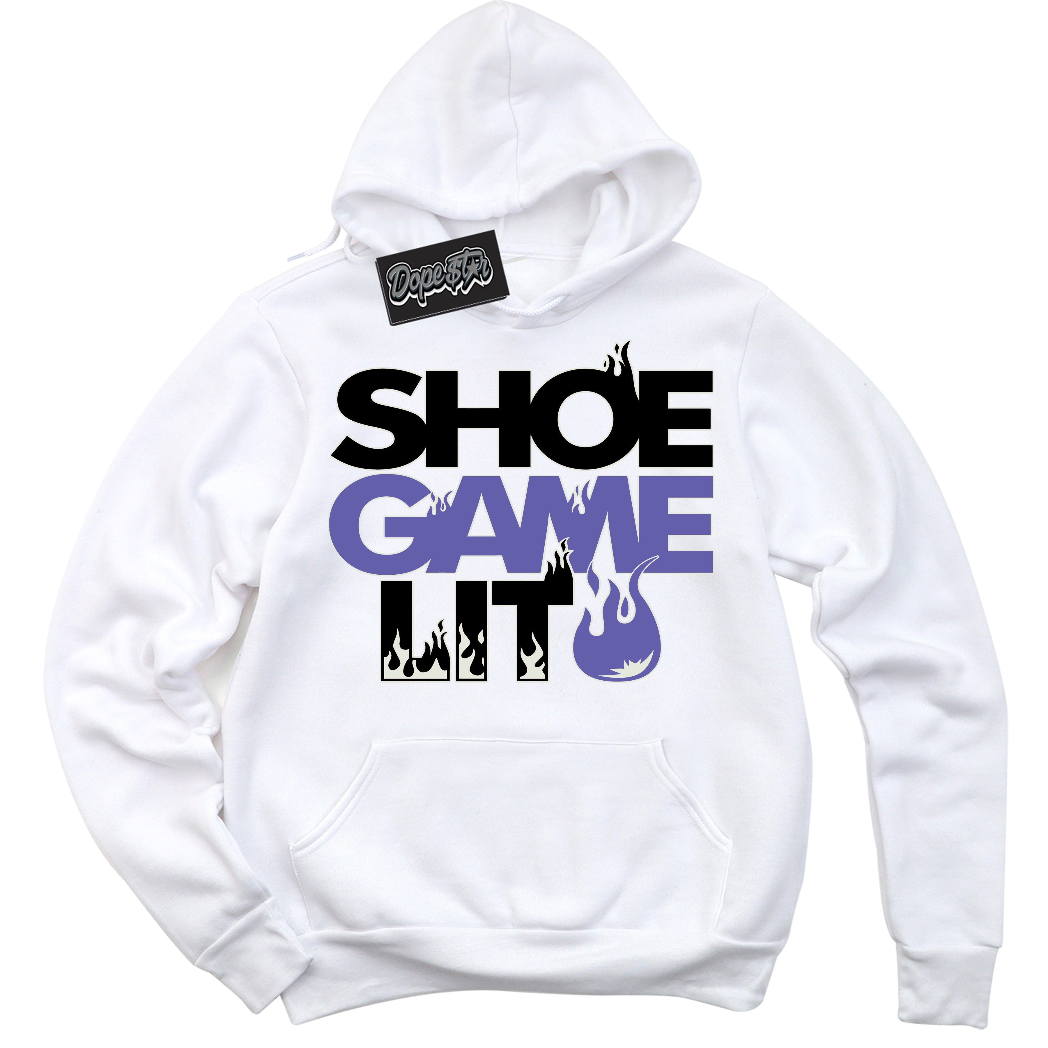 Cool White Hoodie with “ Shoe Game Lit '' design that Perfectly Matches  Purple Black 1s Sneakers.