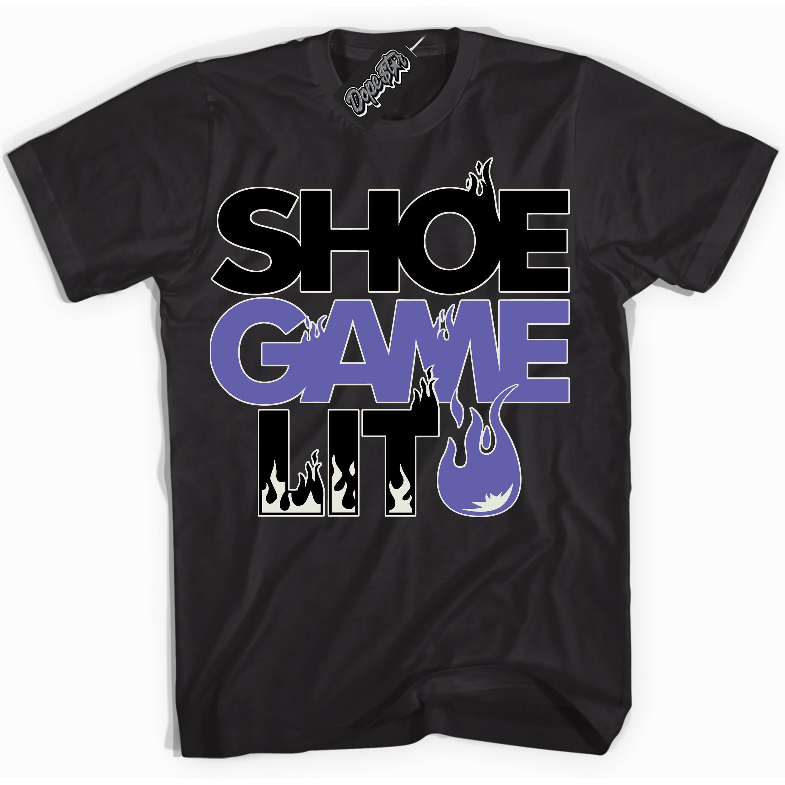 Cool Black Shirt with “ Shoe Game Lit ” design that perfectly matches Purple Black 1s Sneakers.