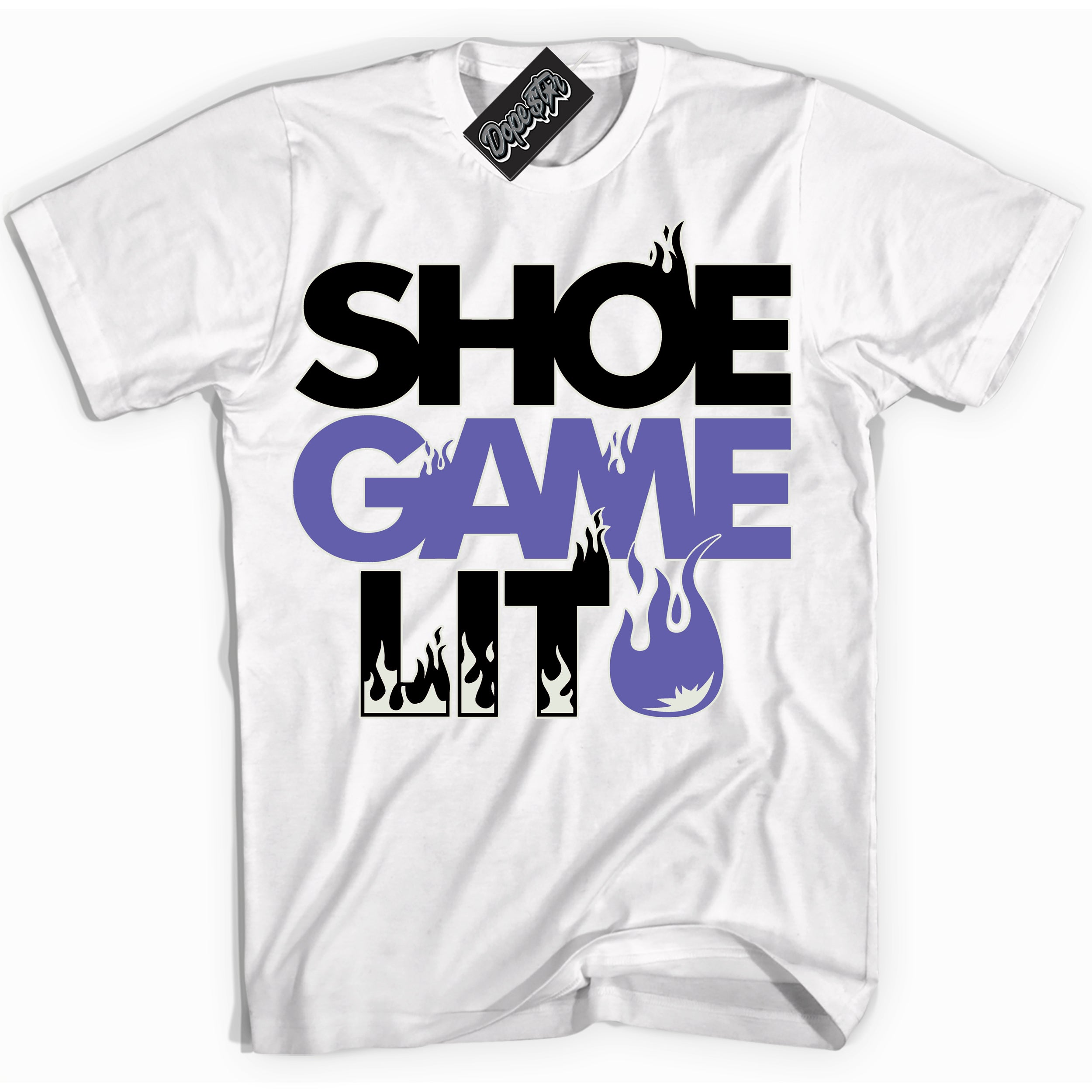 Cool White Shirt with “ Shoe Game Lit ” design that perfectly matches Purple Black 1s Sneakers.