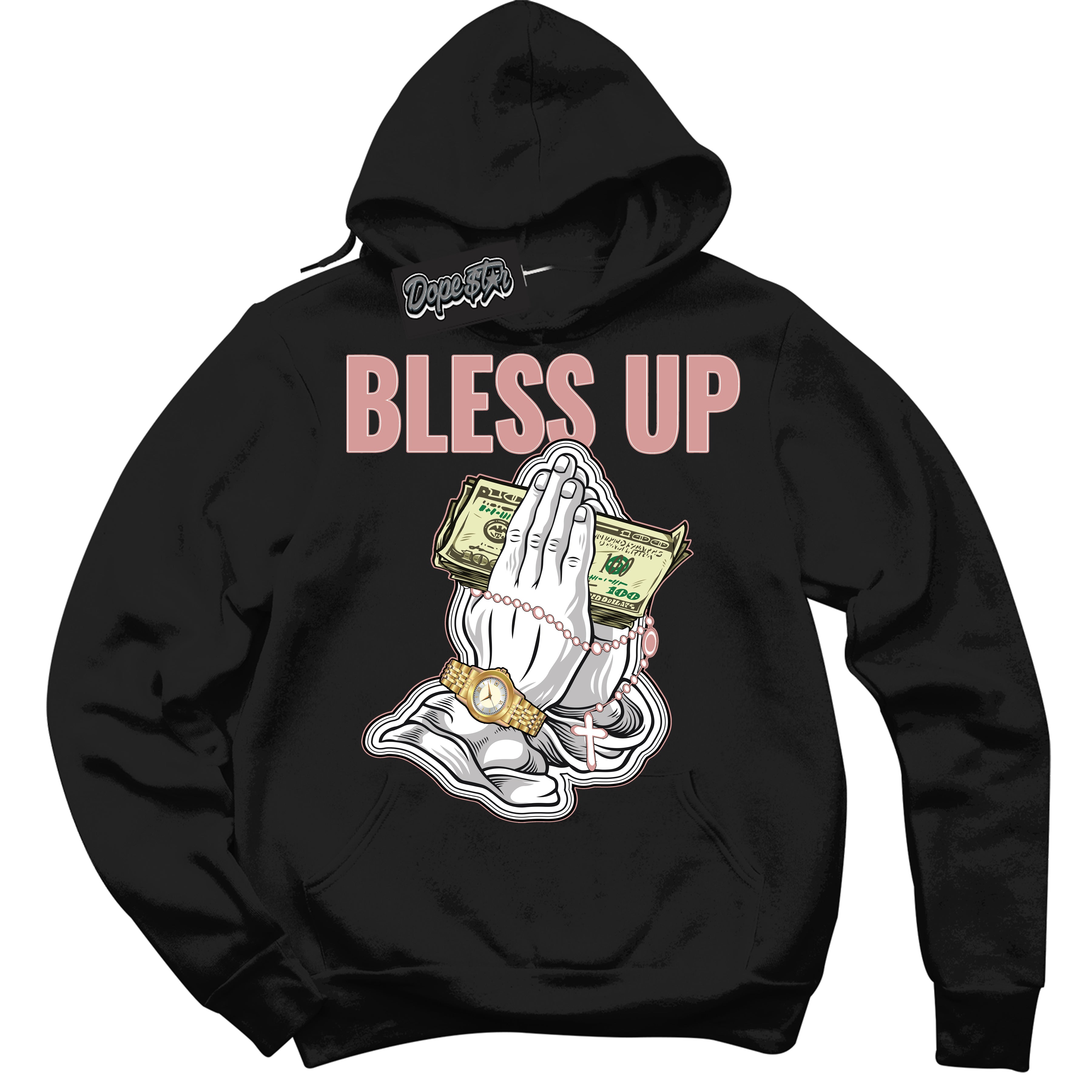 Cool Black Hoodie with “Bless Up” design that Perfectly Matches Legend Pink 1s Jordans.