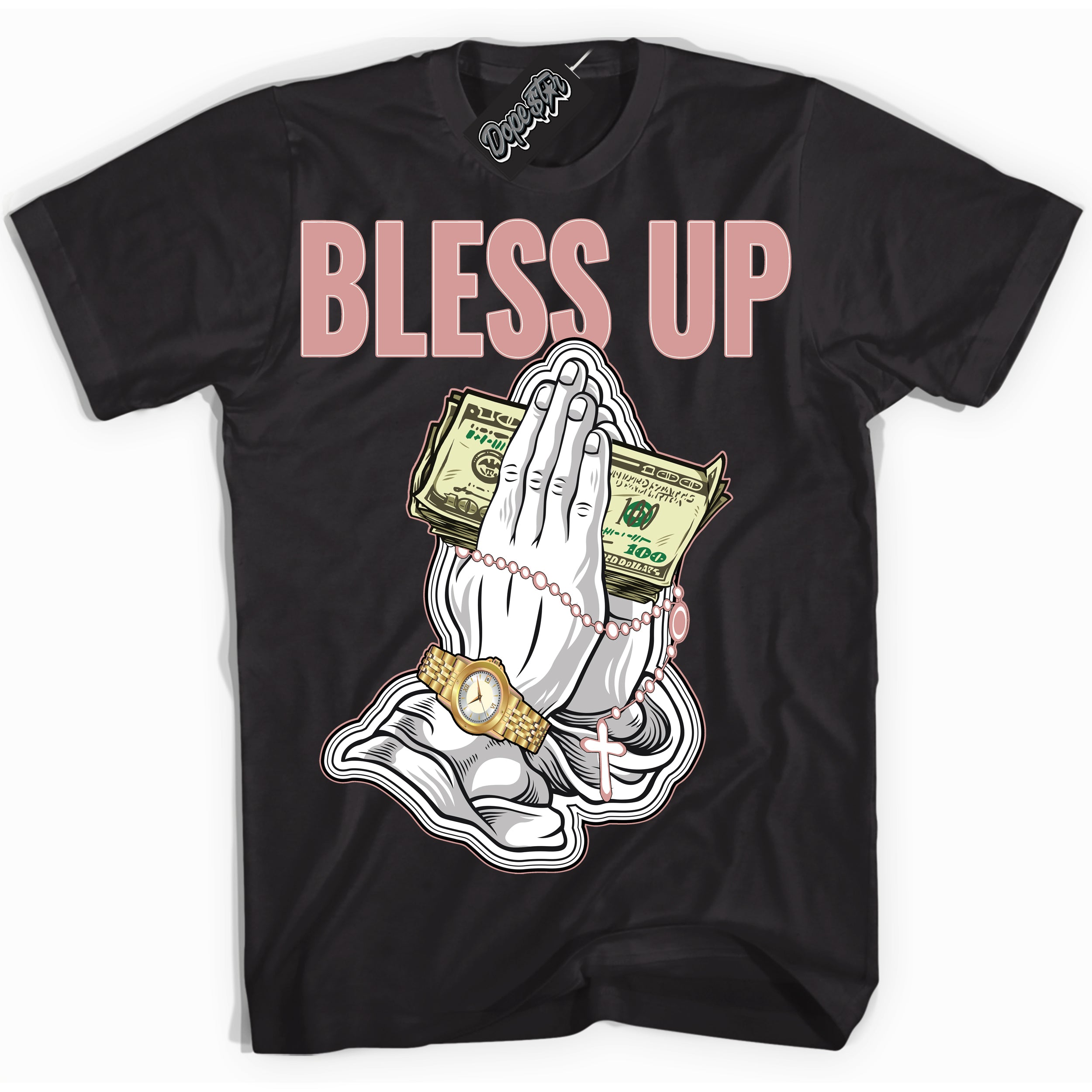 Cool Black Shirt with “Bless Up” design that perfectly matches the Legend Pink 1s Jordans.