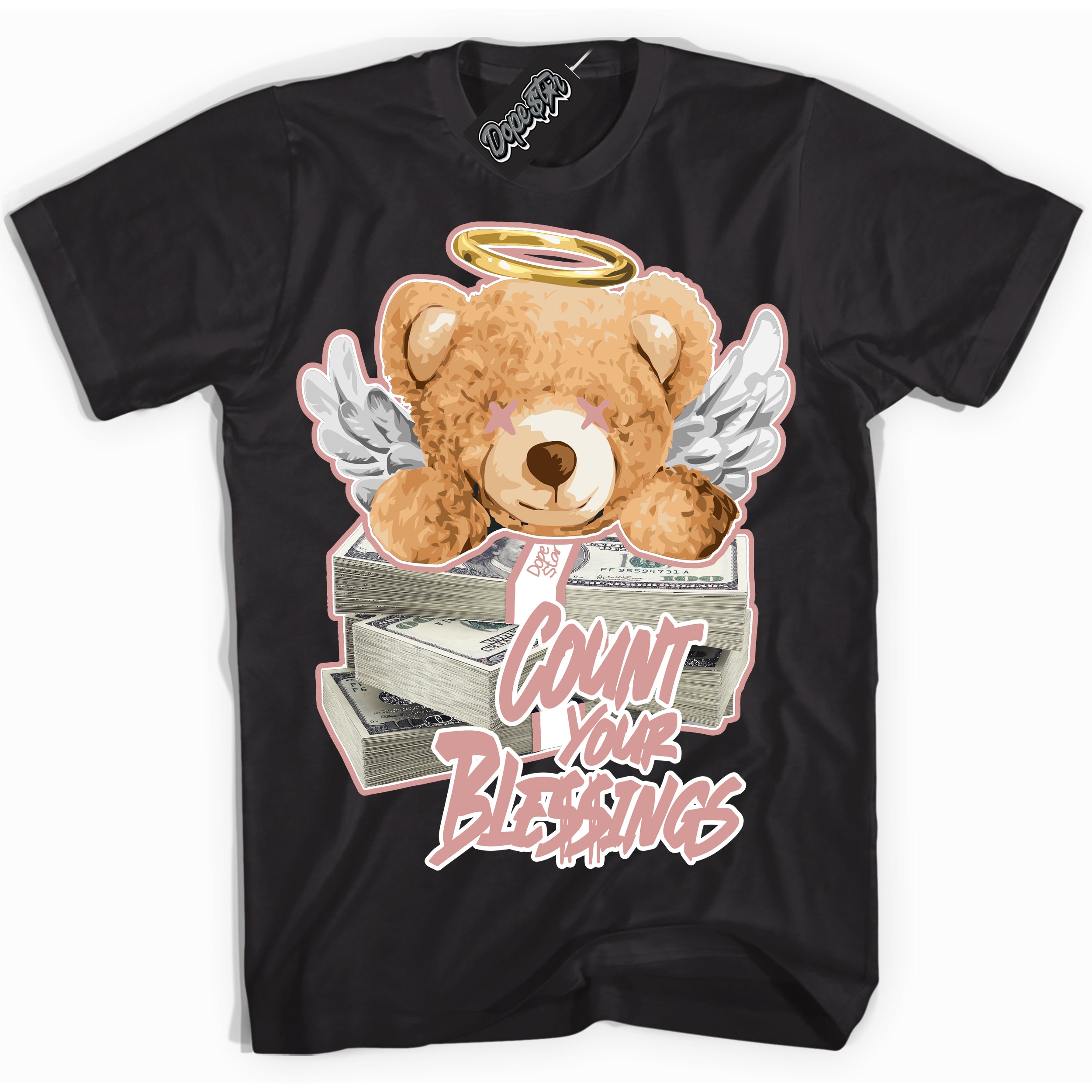 Cool Black Shirt with “Count Your Blessings” design that perfectly matches the Legend Pink 1s Jordans.