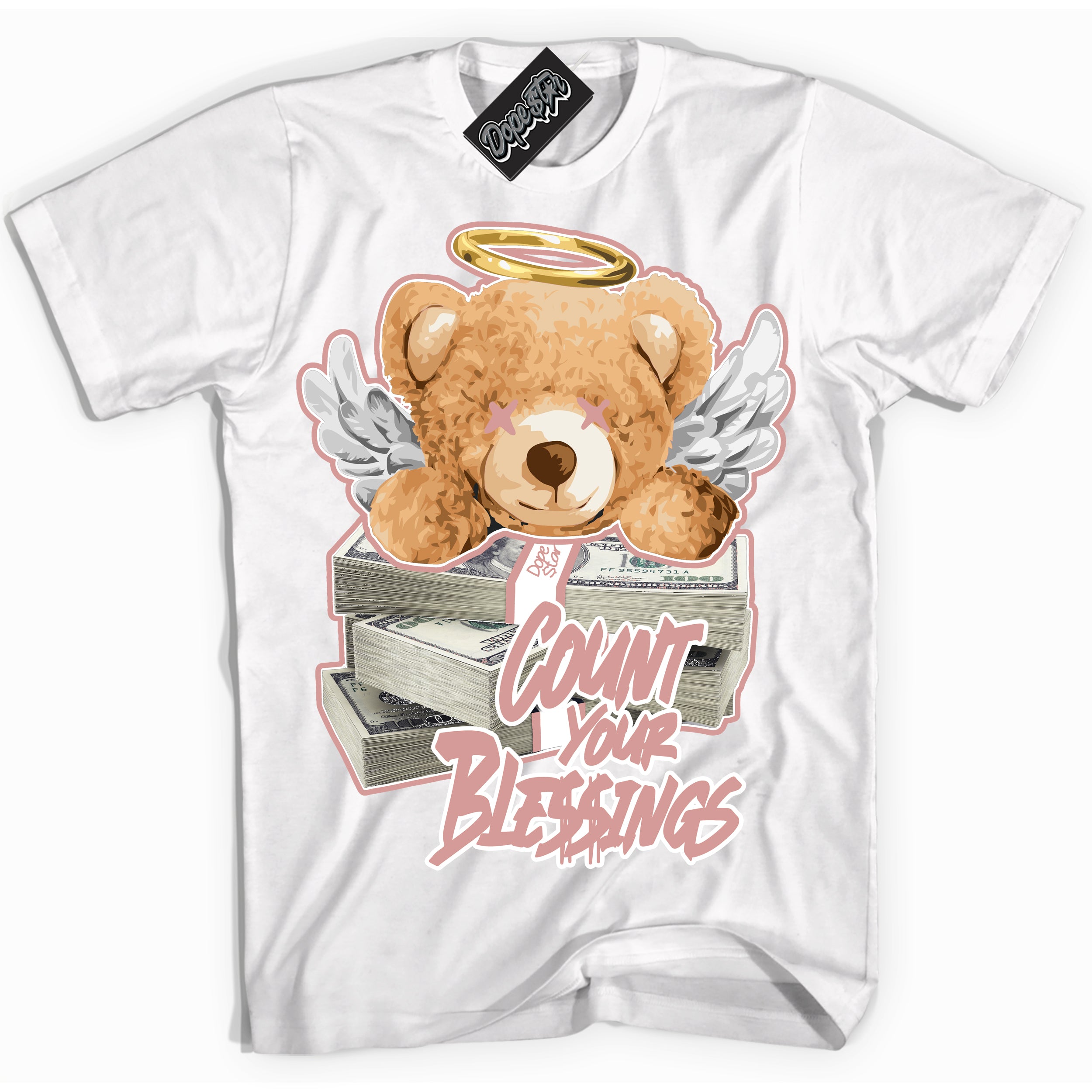 Cool White Shirt with “Count Your Blessings” design that perfectly matches the Legend Pink 1s Jordans.