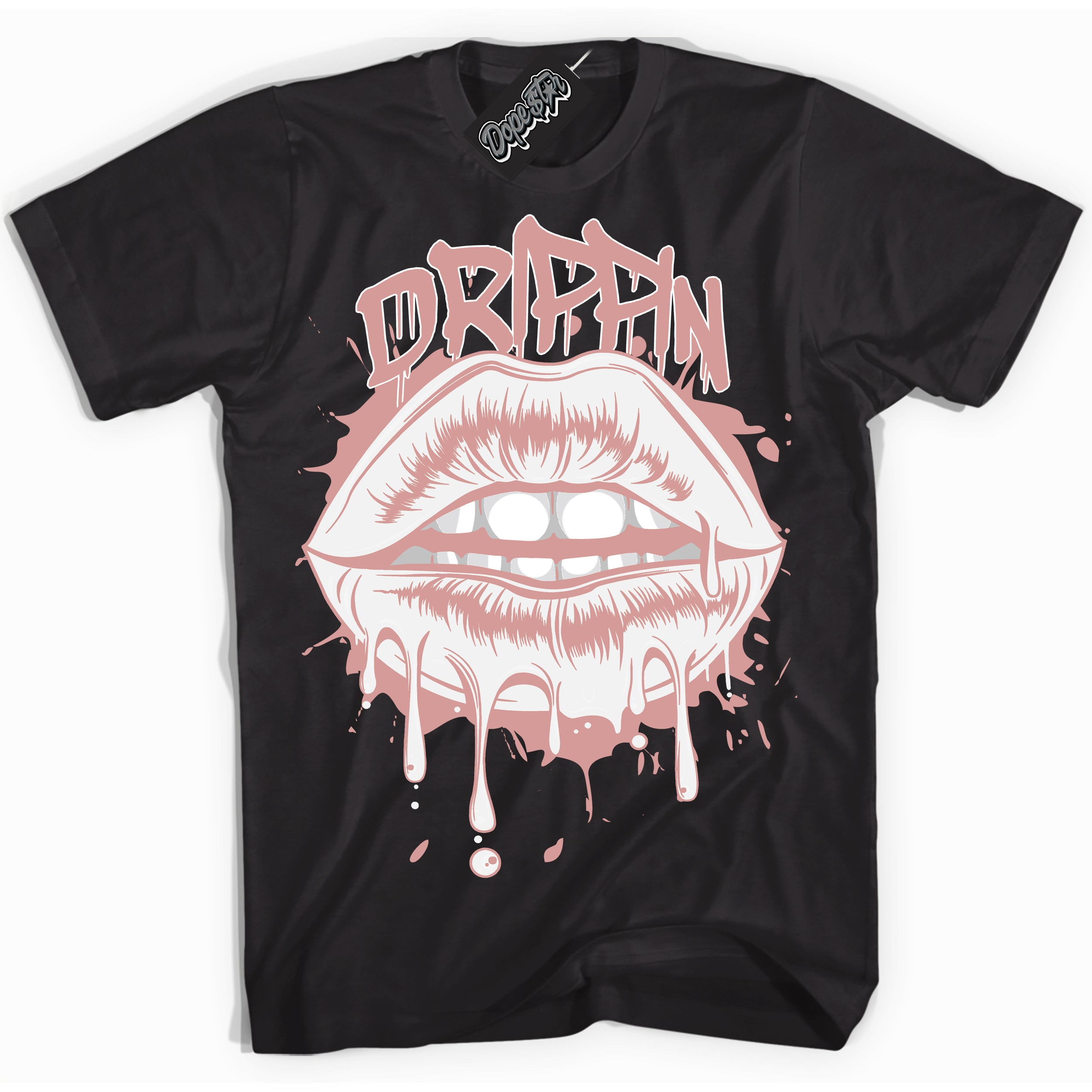 Cool Black Shirt with “Drippin” design that perfectly matches the Legend Pink 1s Jordans.