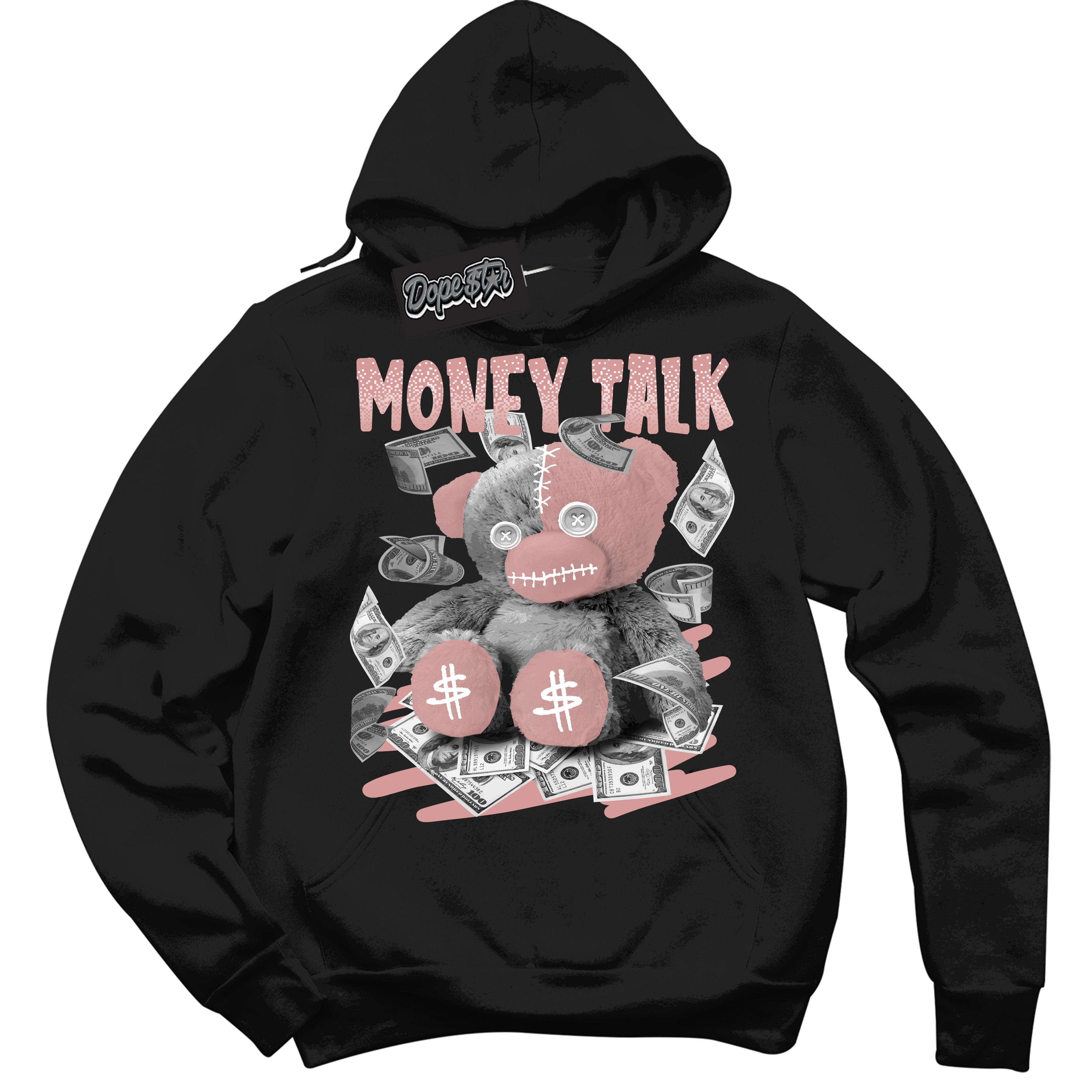 Cool Black Hoodie with “Money Talk Bear” design that Perfectly Matches Legend Pink 1s Jordans.