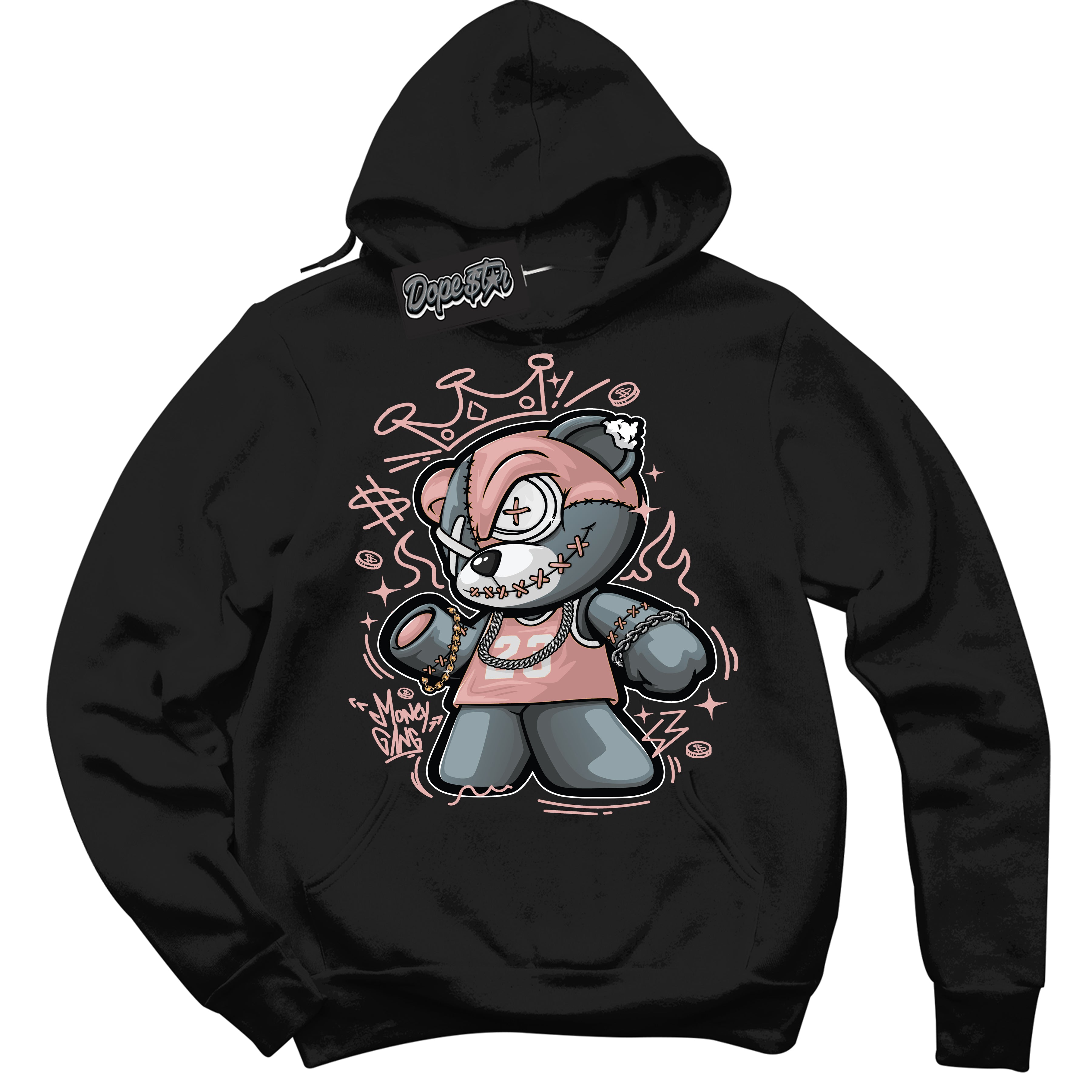 Cool Black Hoodie with “Money Gang Bear” design that Perfectly Matches Legend Pink 1s Jordans.