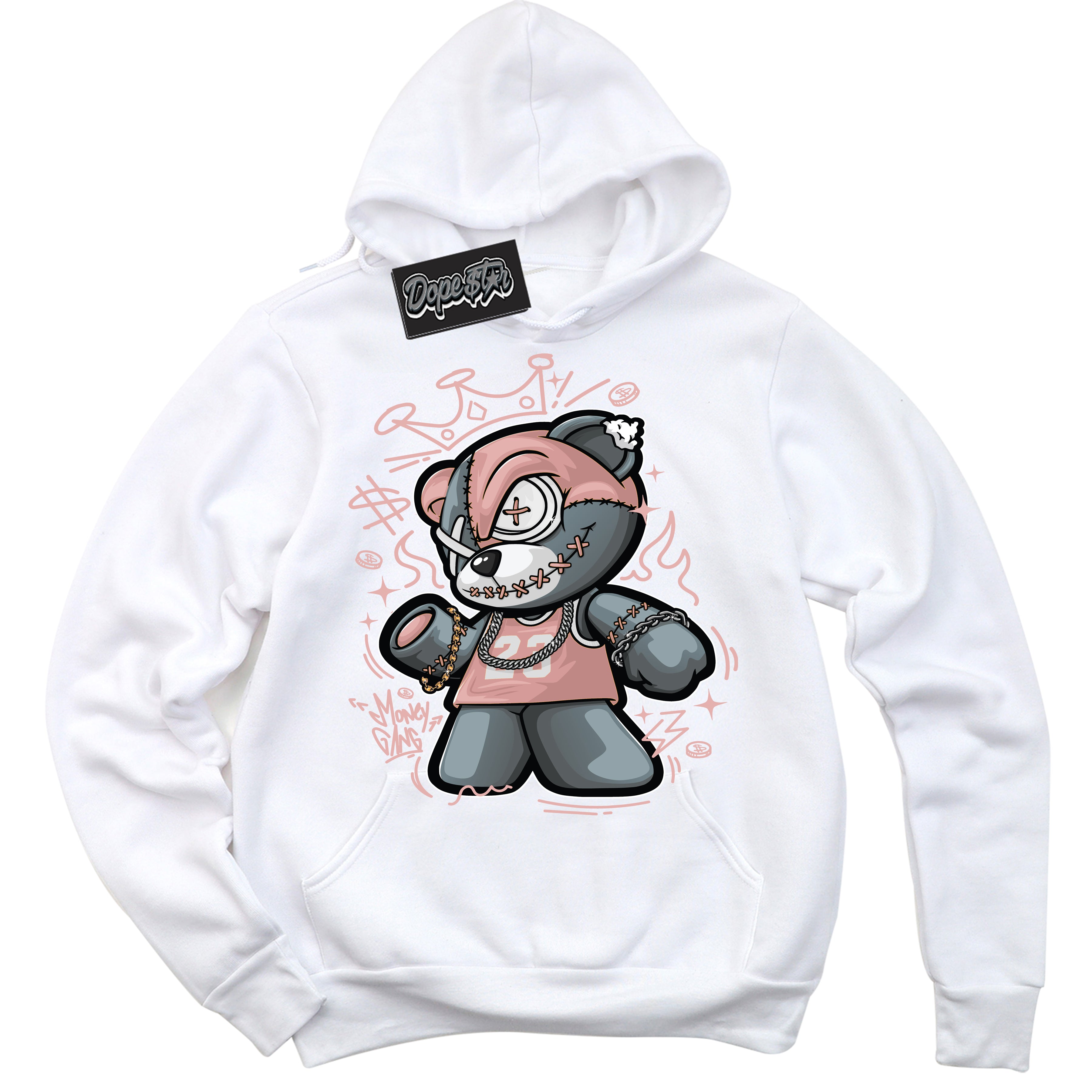 Cool White Hoodie with “Money Gang Bear” design that Perfectly Matches Legend Pink 1s Jordans.