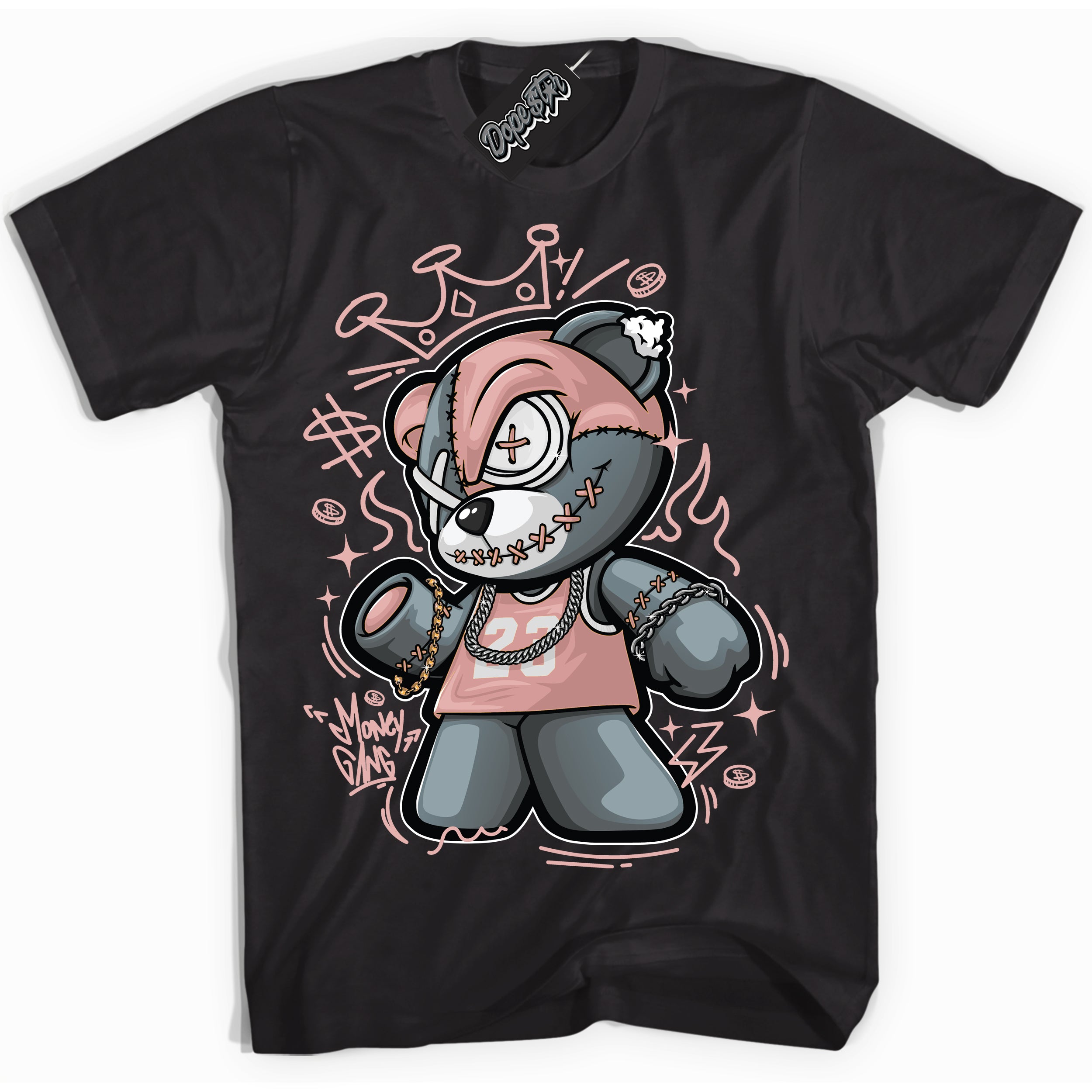 Cool Black Shirt with “Money Gang Bear” design that perfectly matches the Legend Pink 1s Jordans.