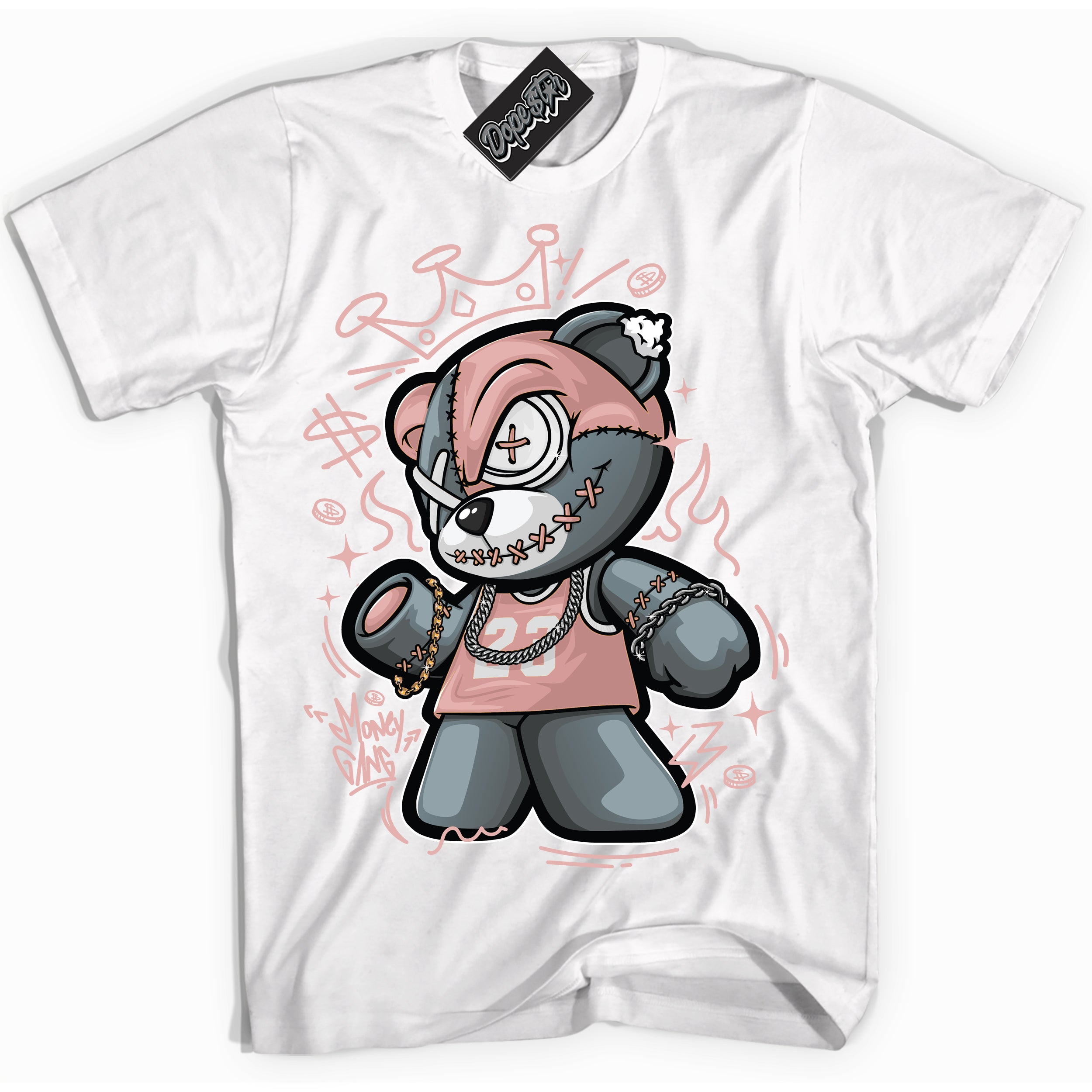 Cool White Shirt with “Money Gang Bear” design that perfectly matches the Legend Pink 1s Jordans.