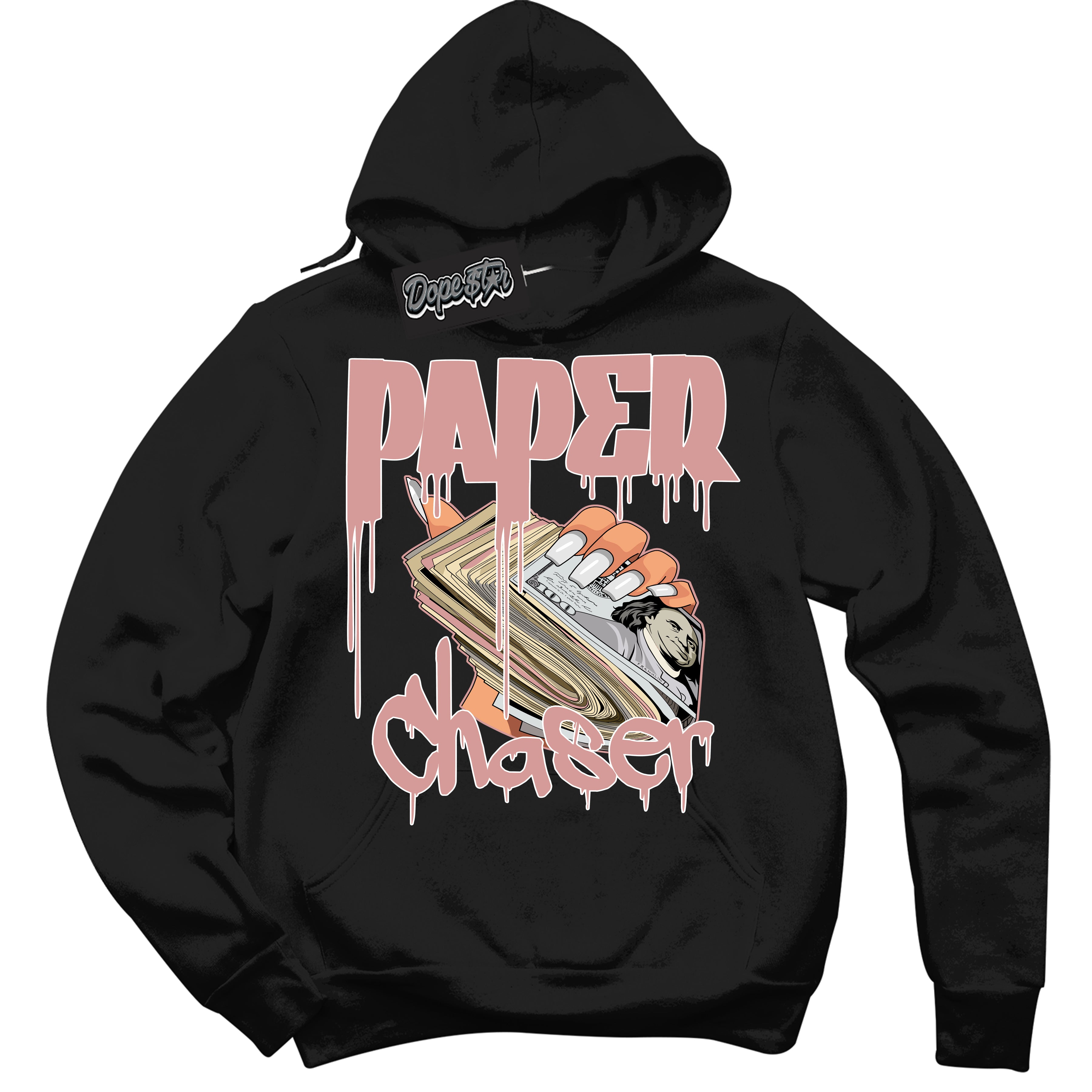 Cool Black Hoodie with “Paper Chaser” design that Perfectly Matches Legend Pink 1s Jordans.