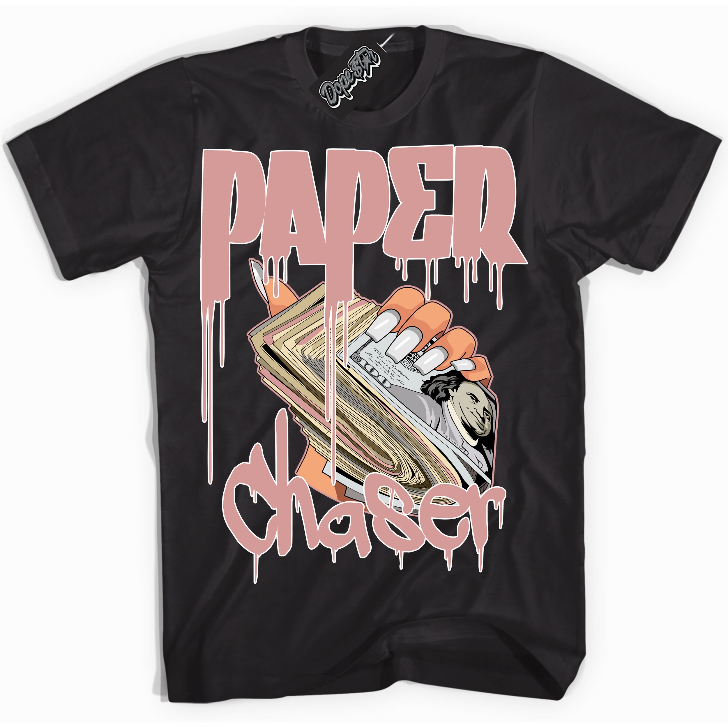 Cool Black Shirt with “Paper Chaser” design that perfectly matches the Legend Pink 1s Jordans.