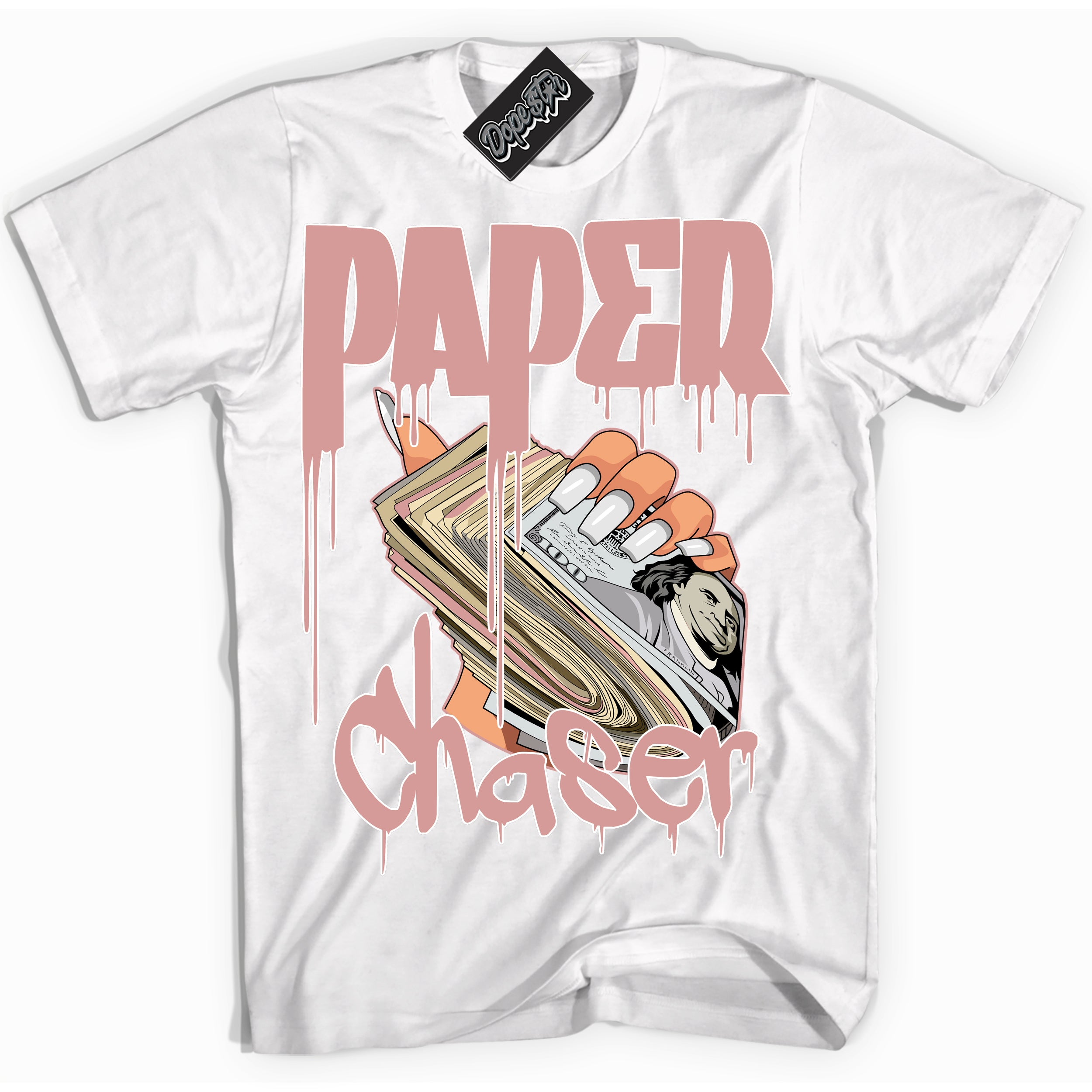 Cool White Shirt with “Paper Chaser” design that perfectly matches the Legend Pink 1s Jordans.