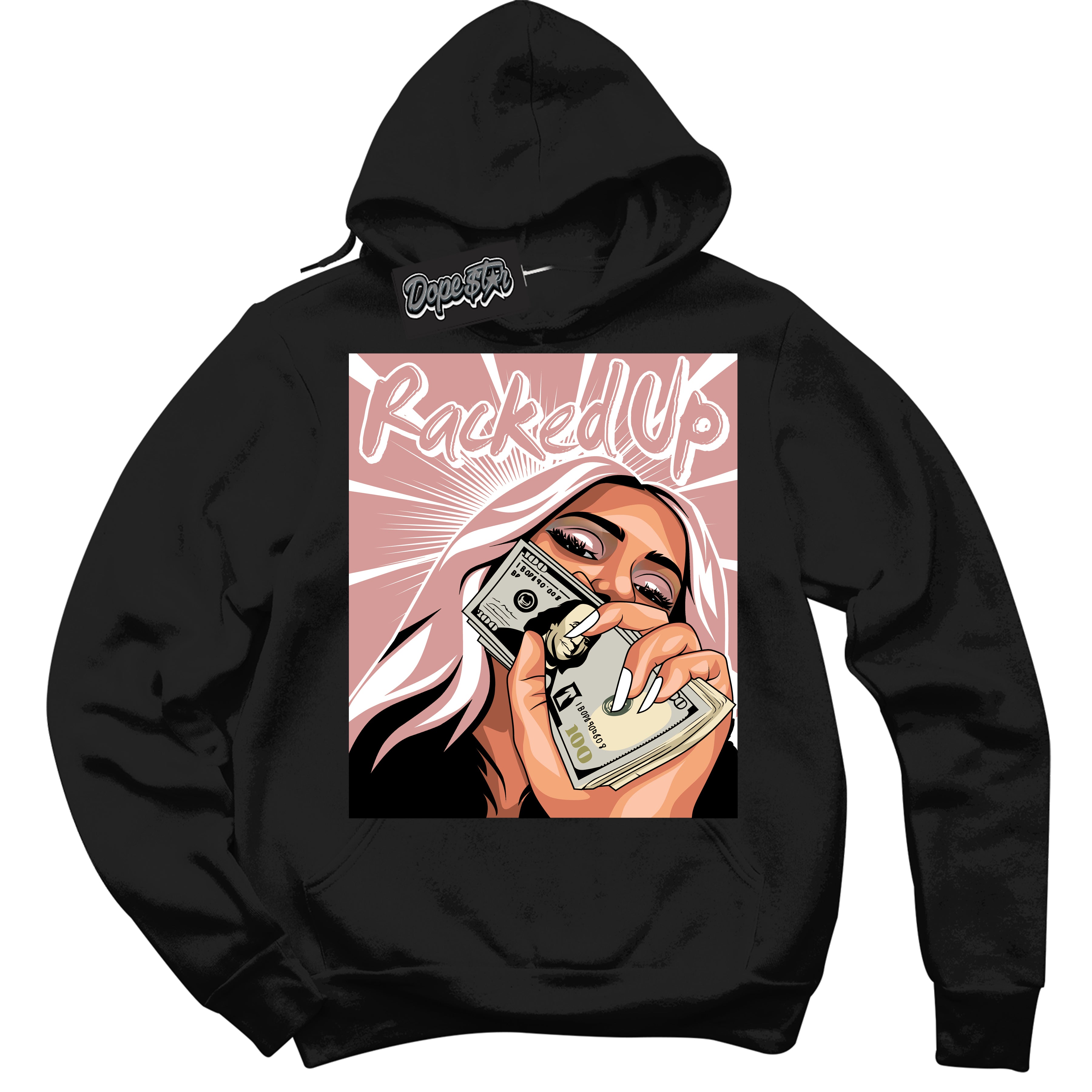 Cool Black Hoodie with “Racked Up” design that Perfectly Matches Legend Pink 1s Jordans.