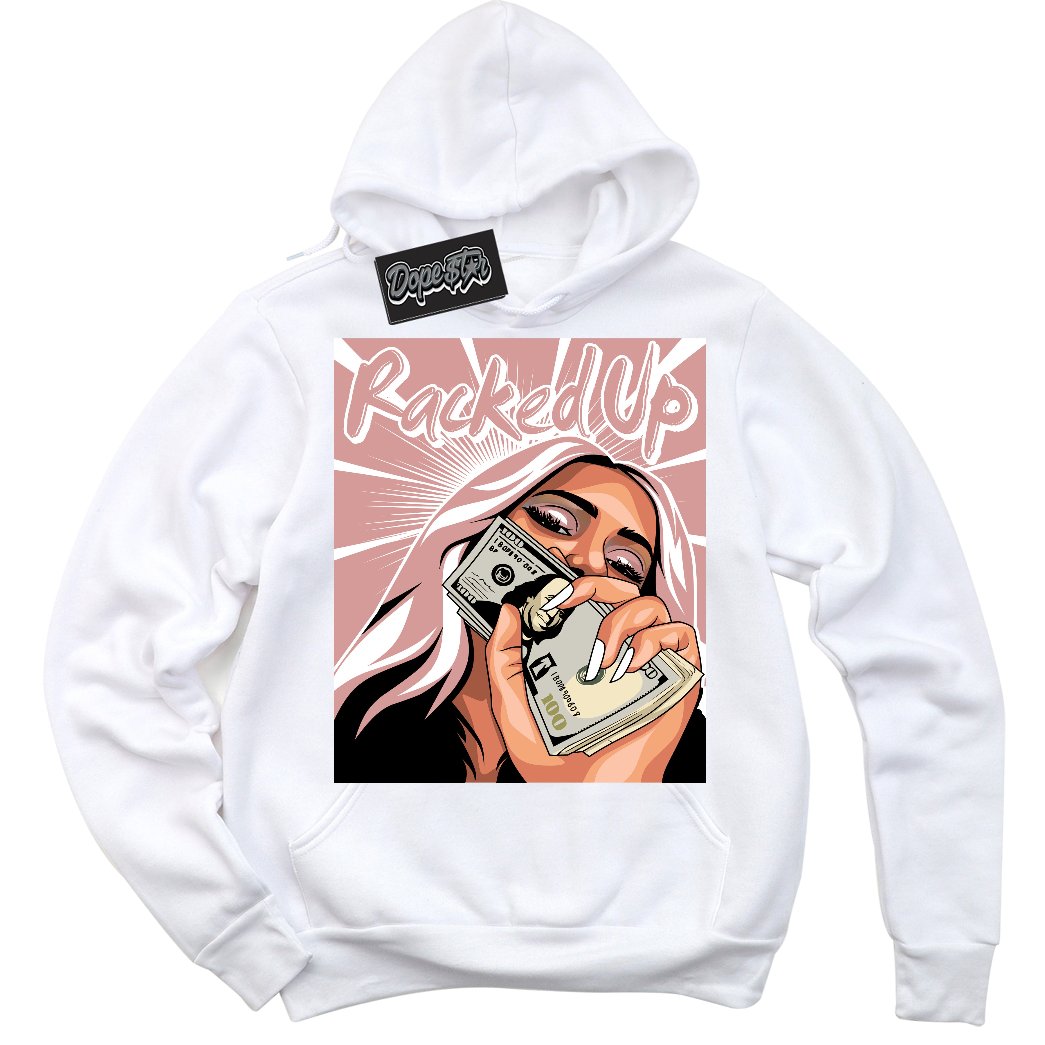 Cool White Hoodie with “Racked Up” design that Perfectly Matches Legend Pink 1s Jordans.