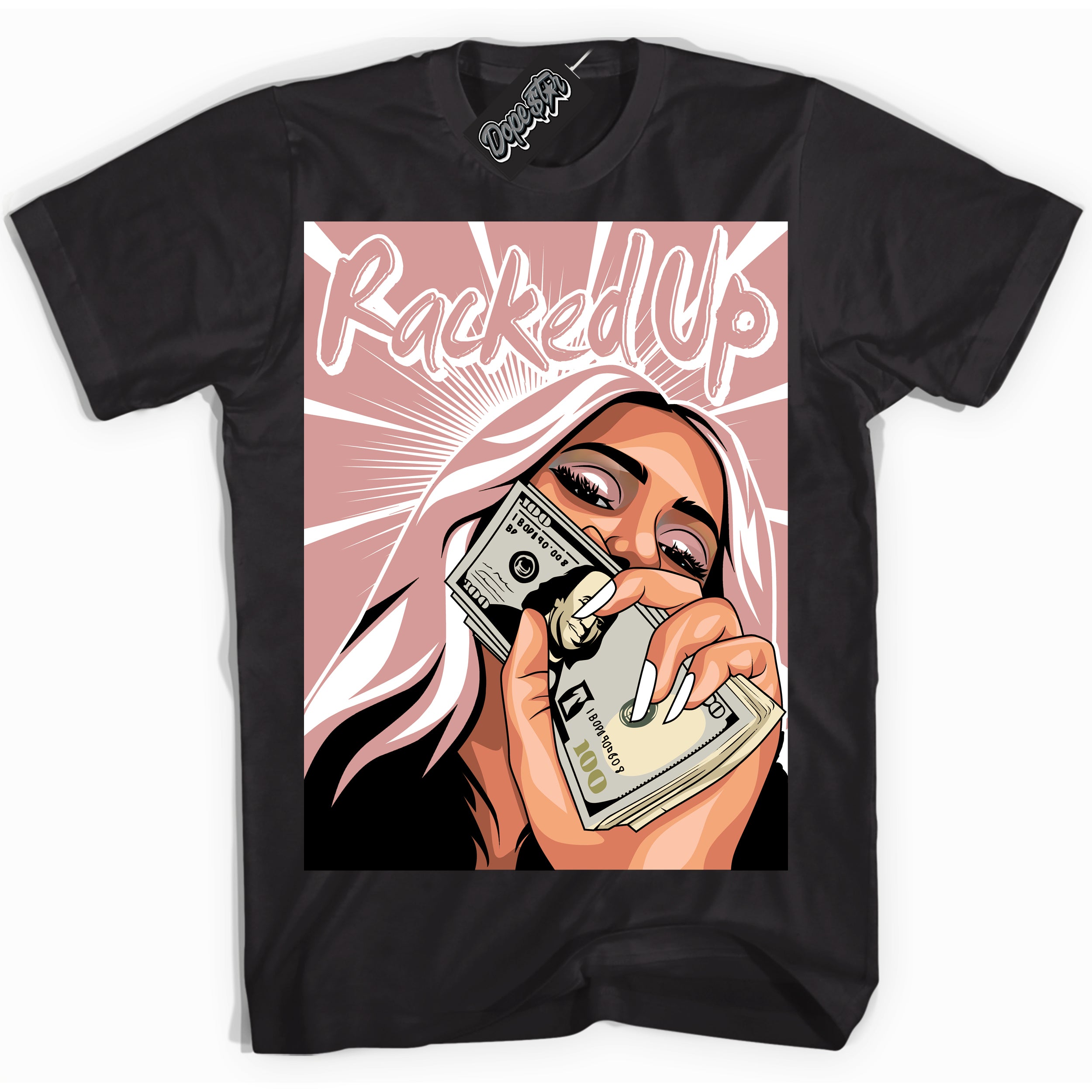 Cool Black Shirt with “Racked Up” design that perfectly matches the Legend Pink 1s Jordans.