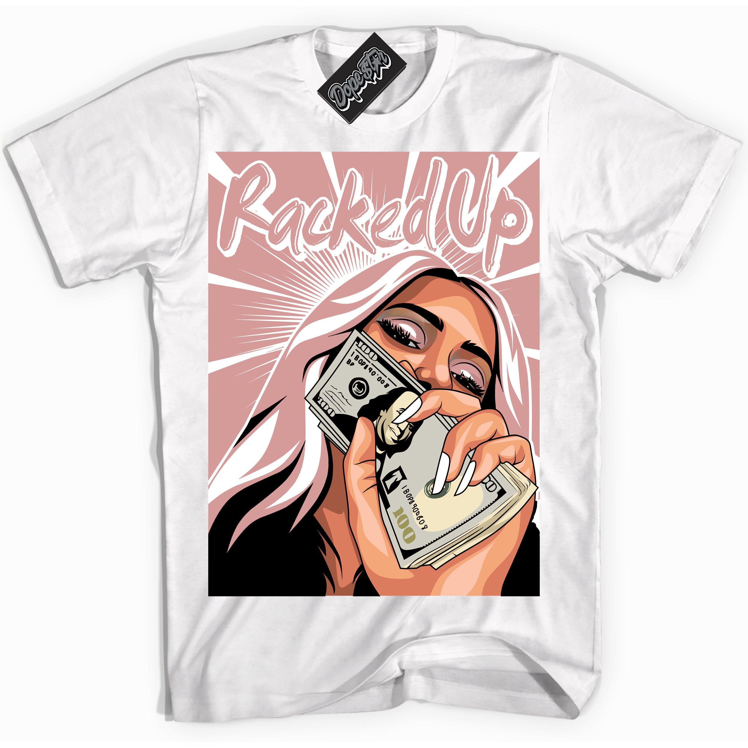 Cool White Shirt with “Racked Up” design that perfectly matches the Legend Pink 1s Jordans.