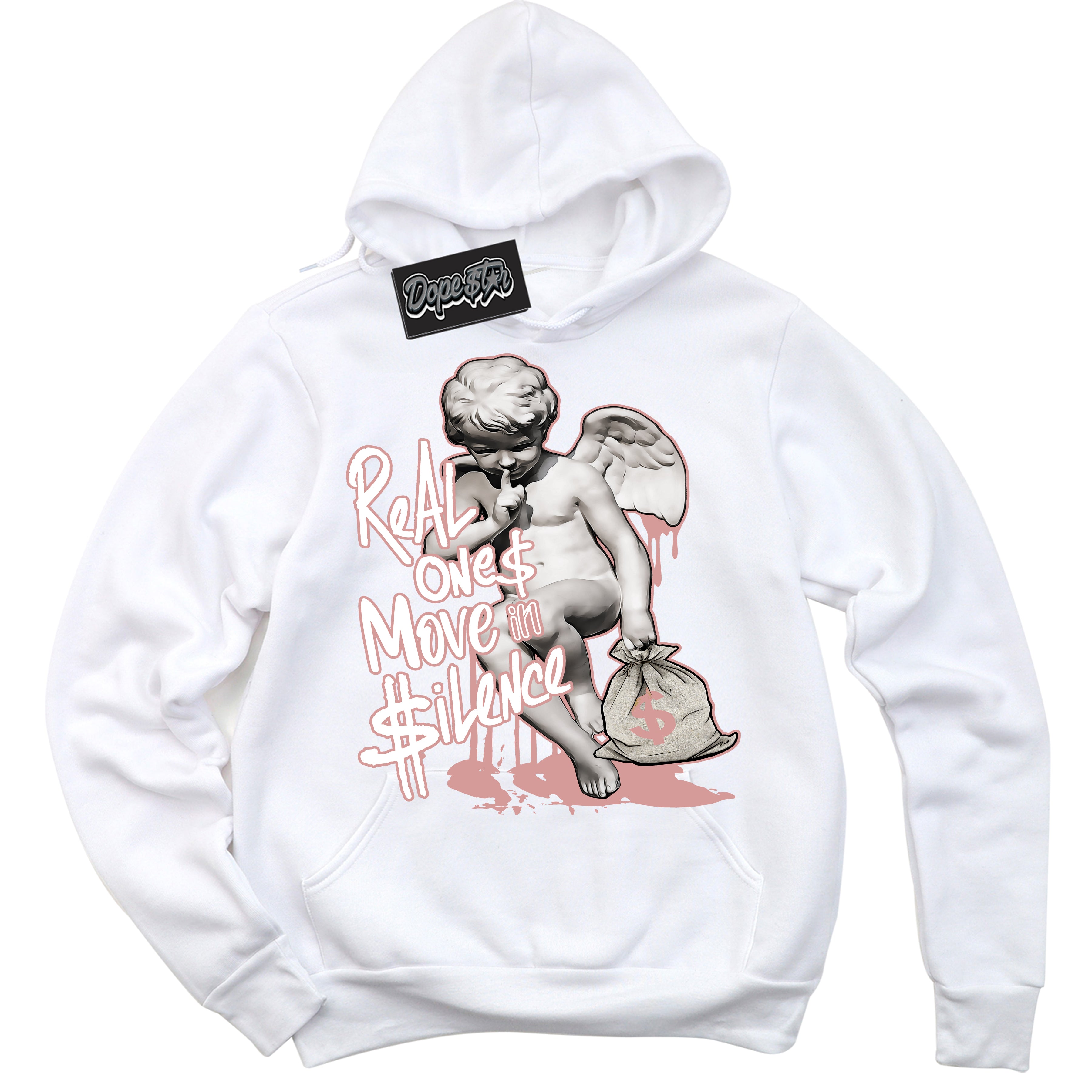 Cool White Hoodie with “Real Ones Cherub” design that Perfectly Matches Legend Pink 1s Jordans.