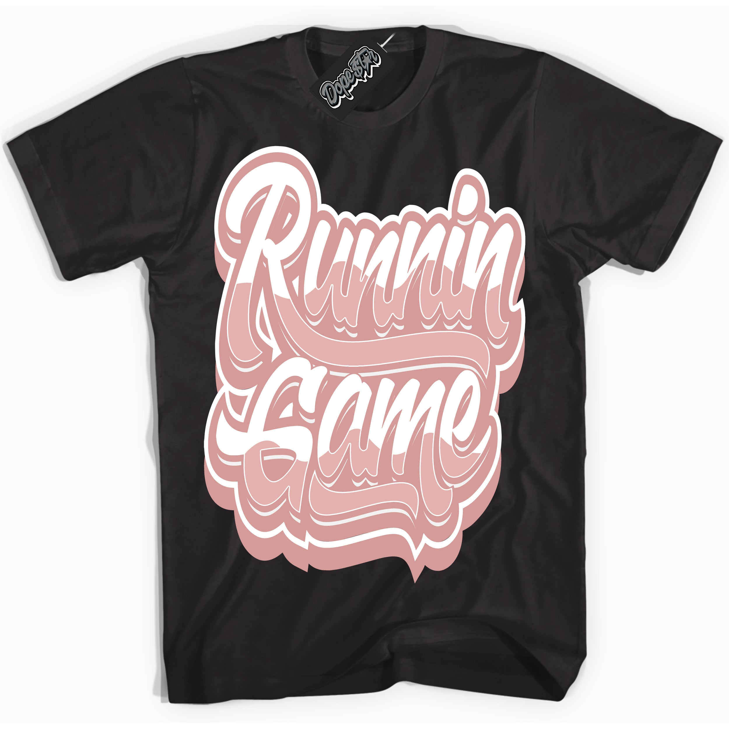 Cool Black Shirt with “Running Game” design that perfectly matches the Legend Pink 1s Jordans.