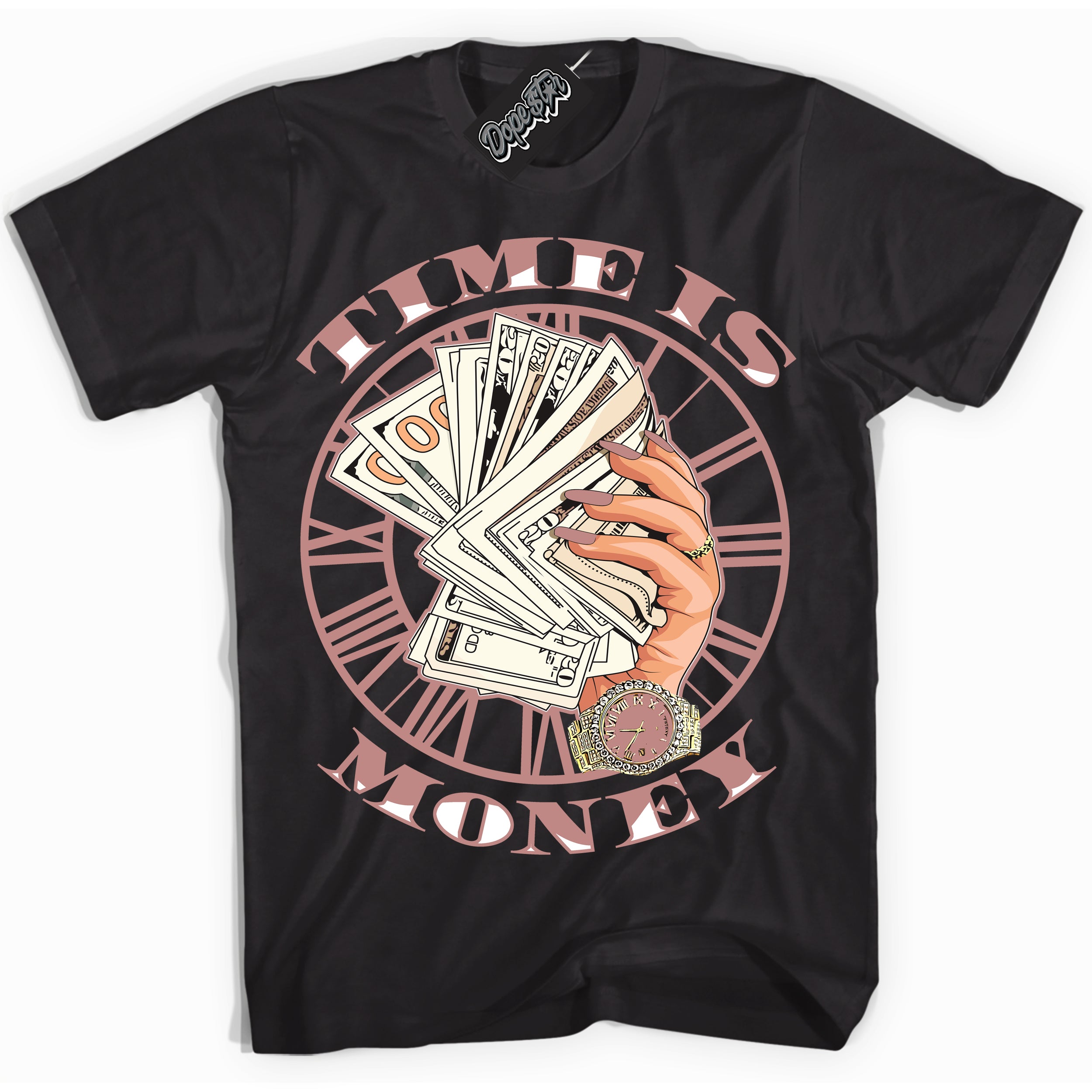 Cool Black Shirt with “Time Is Money” design that perfectly matches the Legend Pink 1s Jordans.