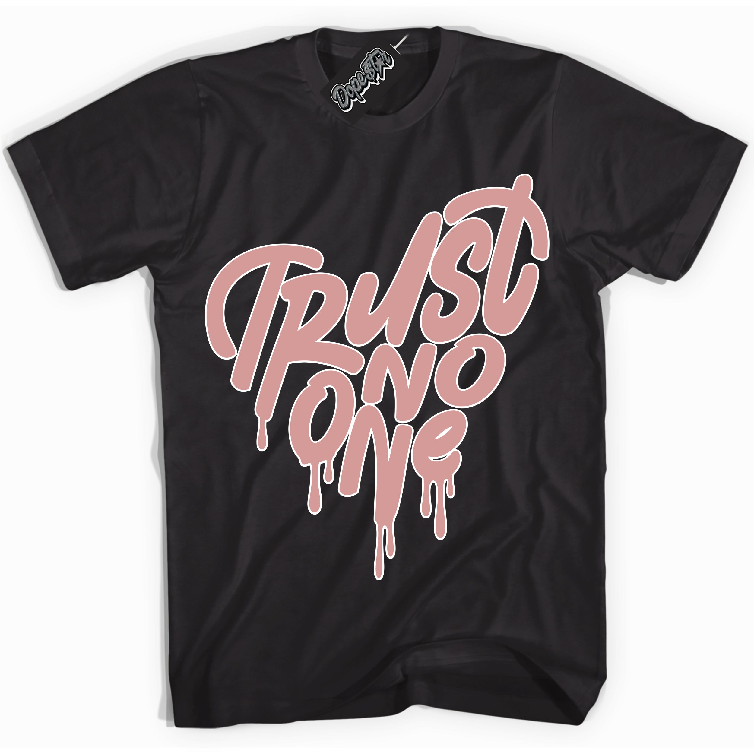 Cool Black Shirt with “Trust No One Heart” design that perfectly matches the Legend Pink 1s Jordans.