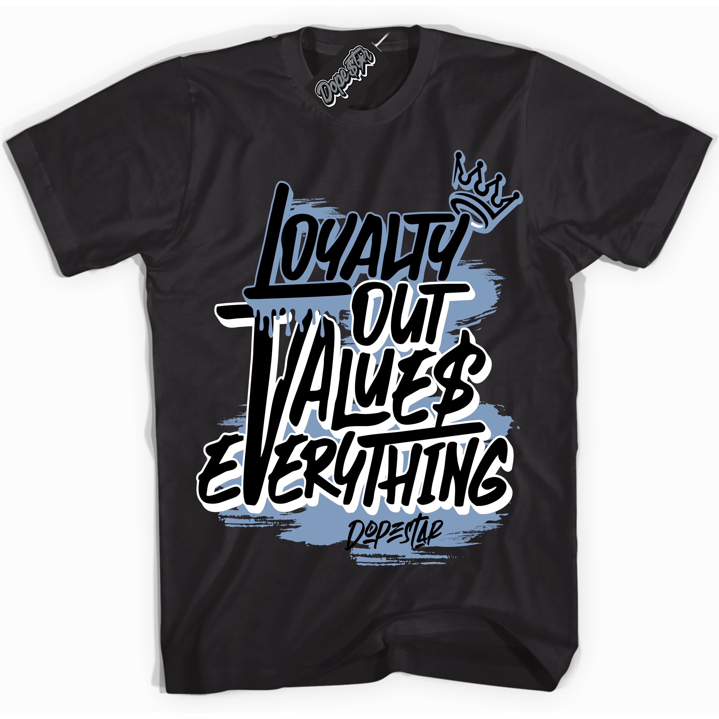 Cool Black Shirt with “ Loyalty Out Values Everything” design that perfectly matches SE Space Jam 1s Sneakers.
