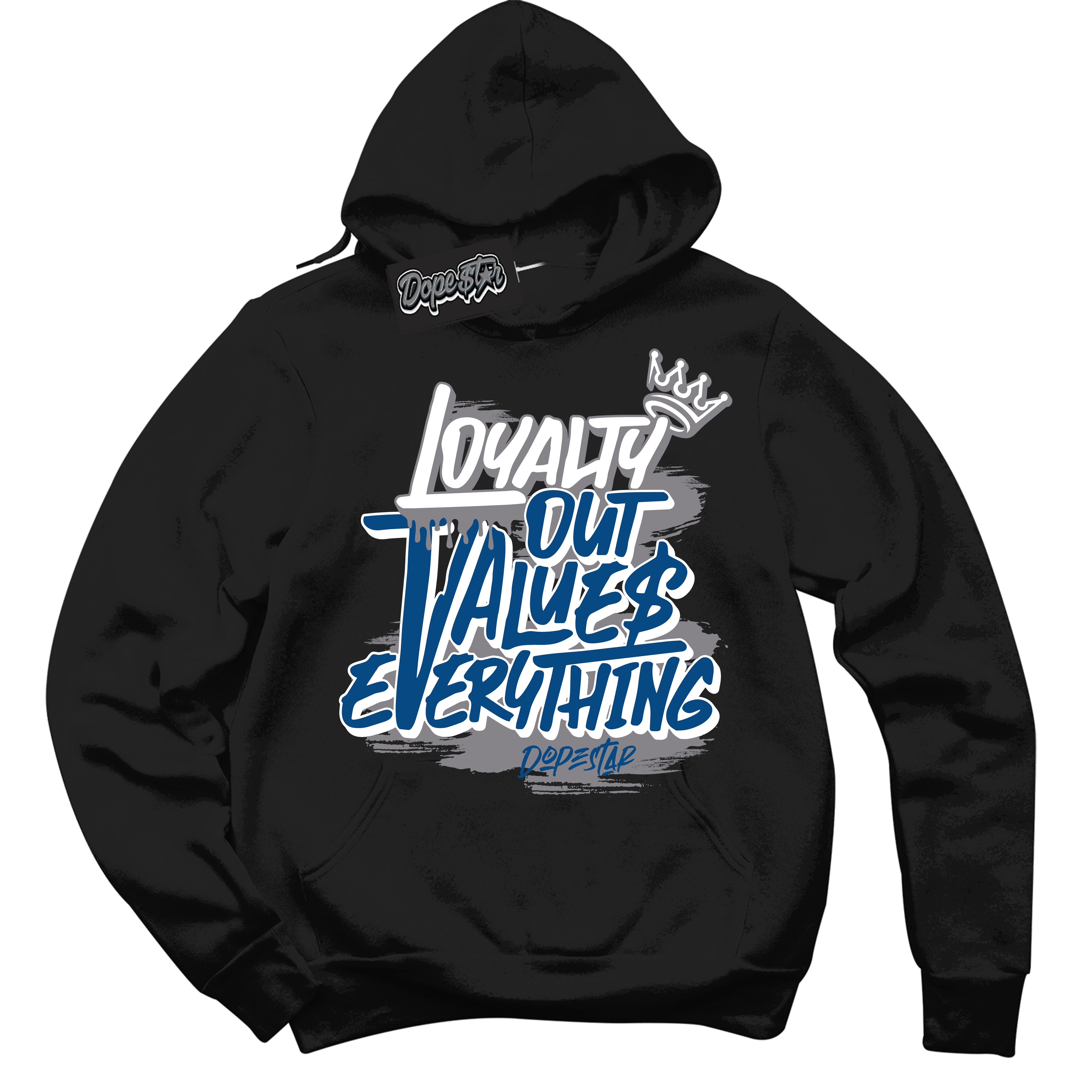 Cool Black Hoodie with “ Loyalty Out Values Everything ”  design that Perfectly Matches Mid True Blue 1s Sneakers.