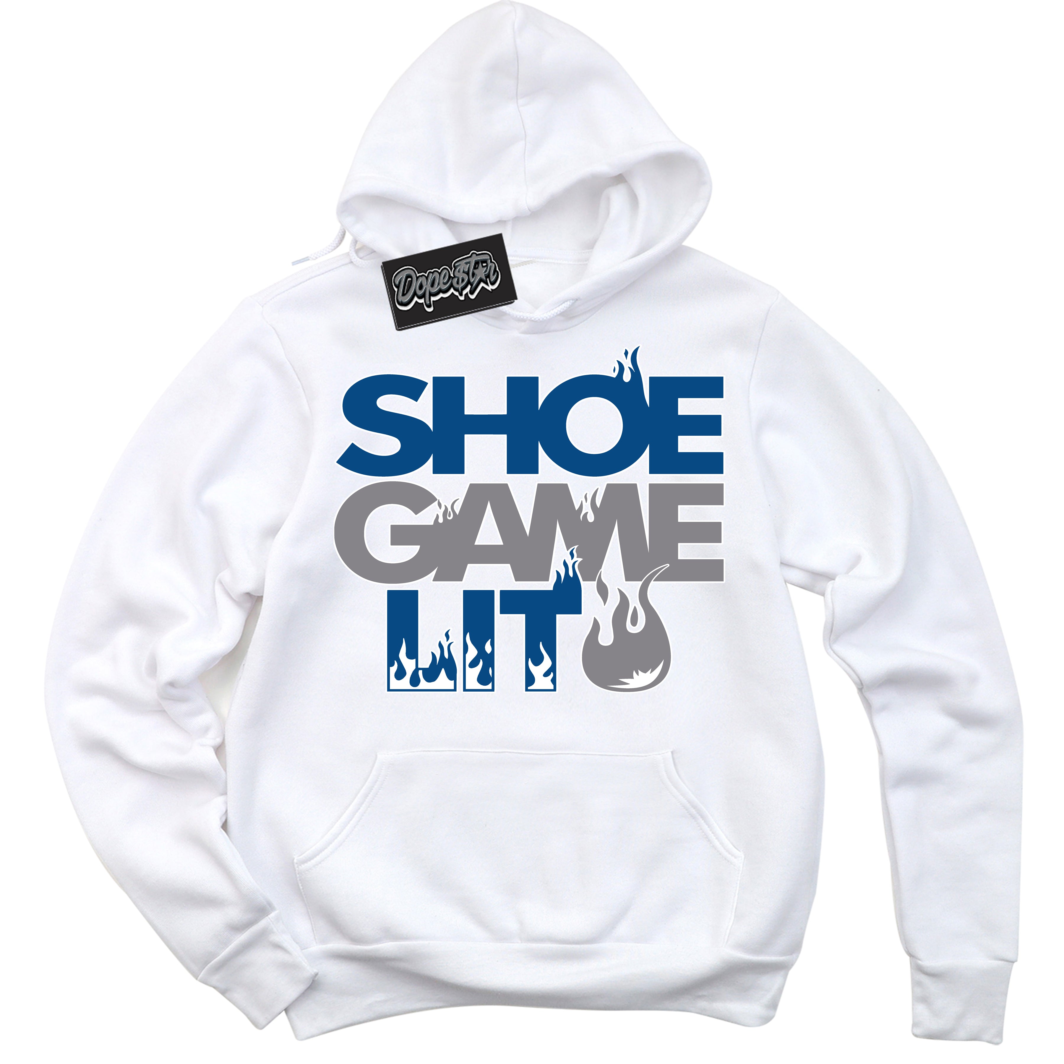 Cool White Hoodie with “ Shoe Game Lit '' design that Perfectly Matches  Mid True Blue 1s Sneakers.